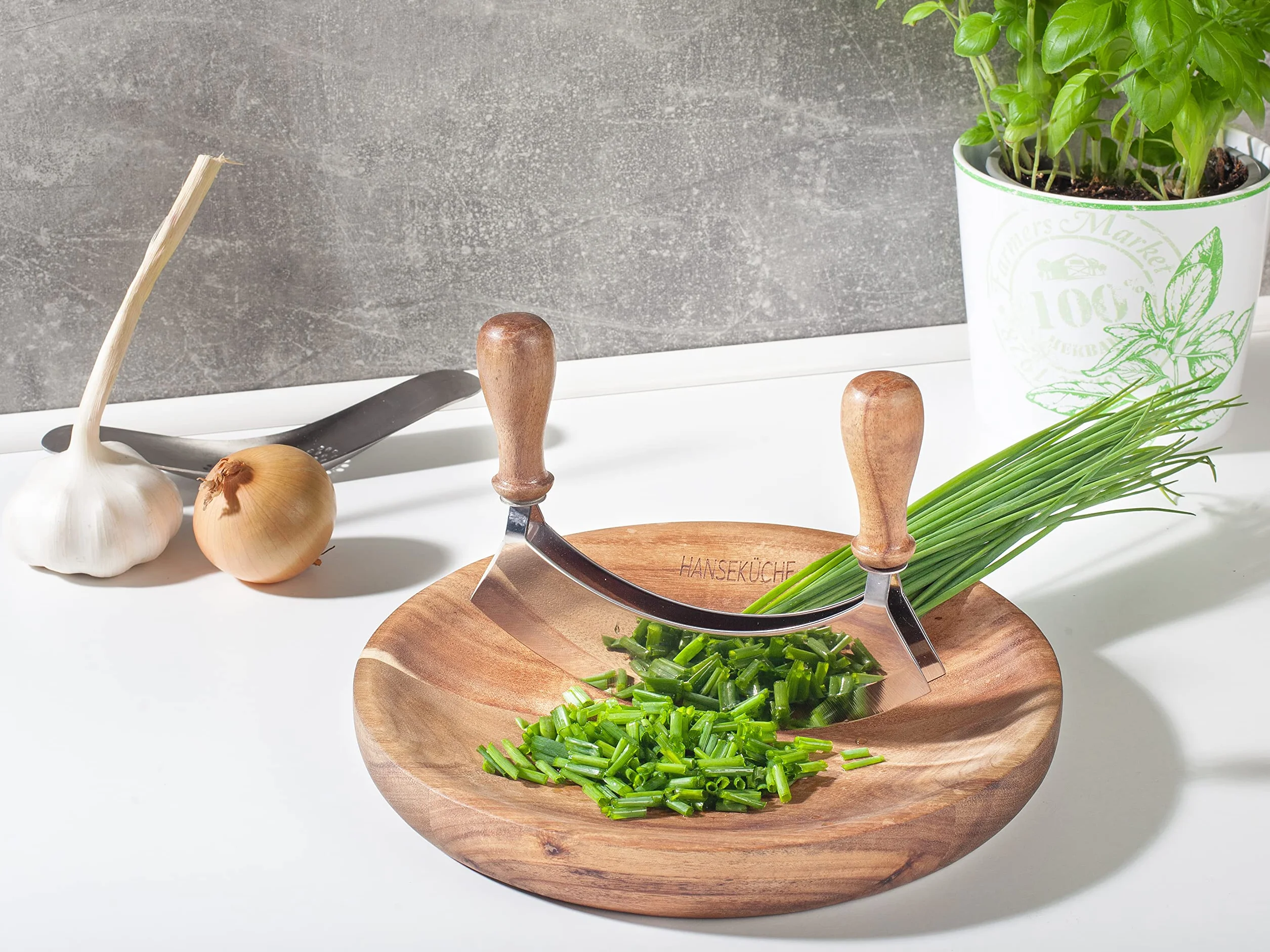 Hanseküche Tritatutto con Tagliere Certificato FSC, Coltello a Doppia Lama, Coltello Pieghevole in Acciaio Inox Affilato con Tagliere in Legno di Acacia, per Erbe e Spezie, Mezzaluna