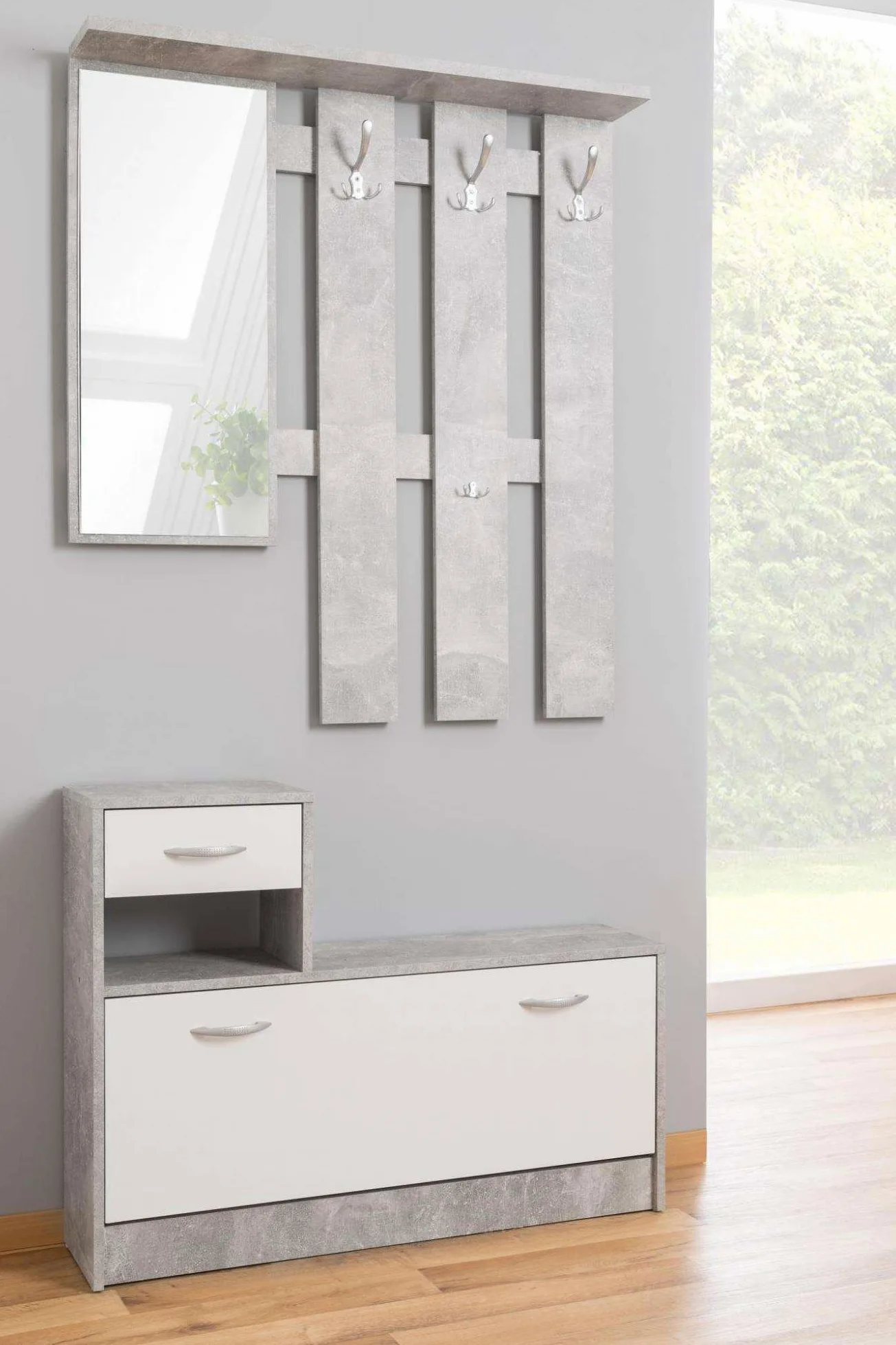 AVANTI TRENDSTORE - Rudolf - Guardaroba da Ingresso con Specchio, 3 Ganci appendiabito e Comoda scarpiera. Perfetta per l'ingresso. Disponibile in diversi colori (Grigio)