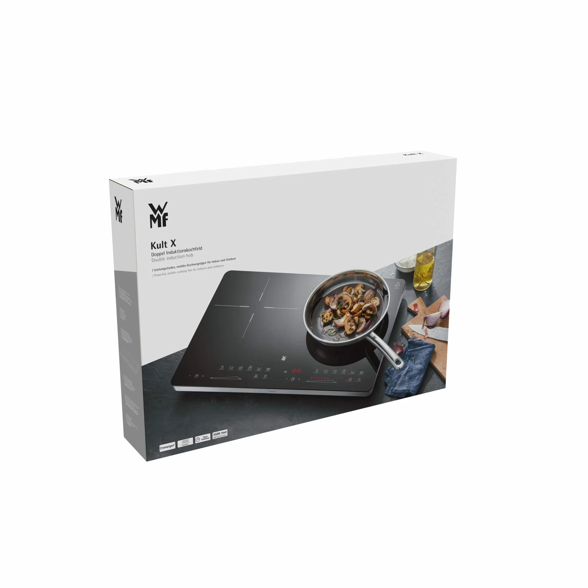 WMF Kult X Doppio piano cottura a induzione, 2 piastre, piano cottura fino a 28 cm, 2 zone di cottura, 8 livelli, rilevamento della pentola, display touch, vetro ceramica, funzione timer, 3500 W
