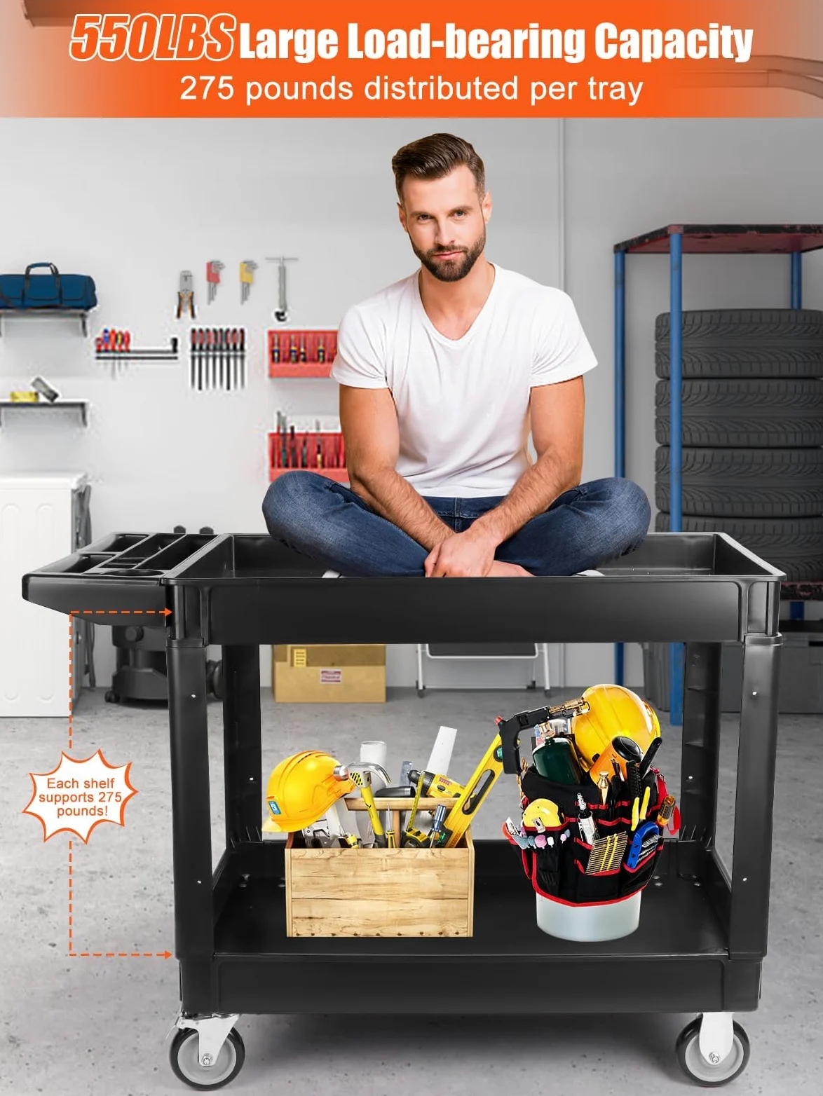 TOROKOM Carrello multiuso pesante a 2 livelli su ruote, carrello da 550 libbre di capacità aggiuntiva Grande carrello di servizio multiuso manico nero organizzatore di immagazzinaggio portatile