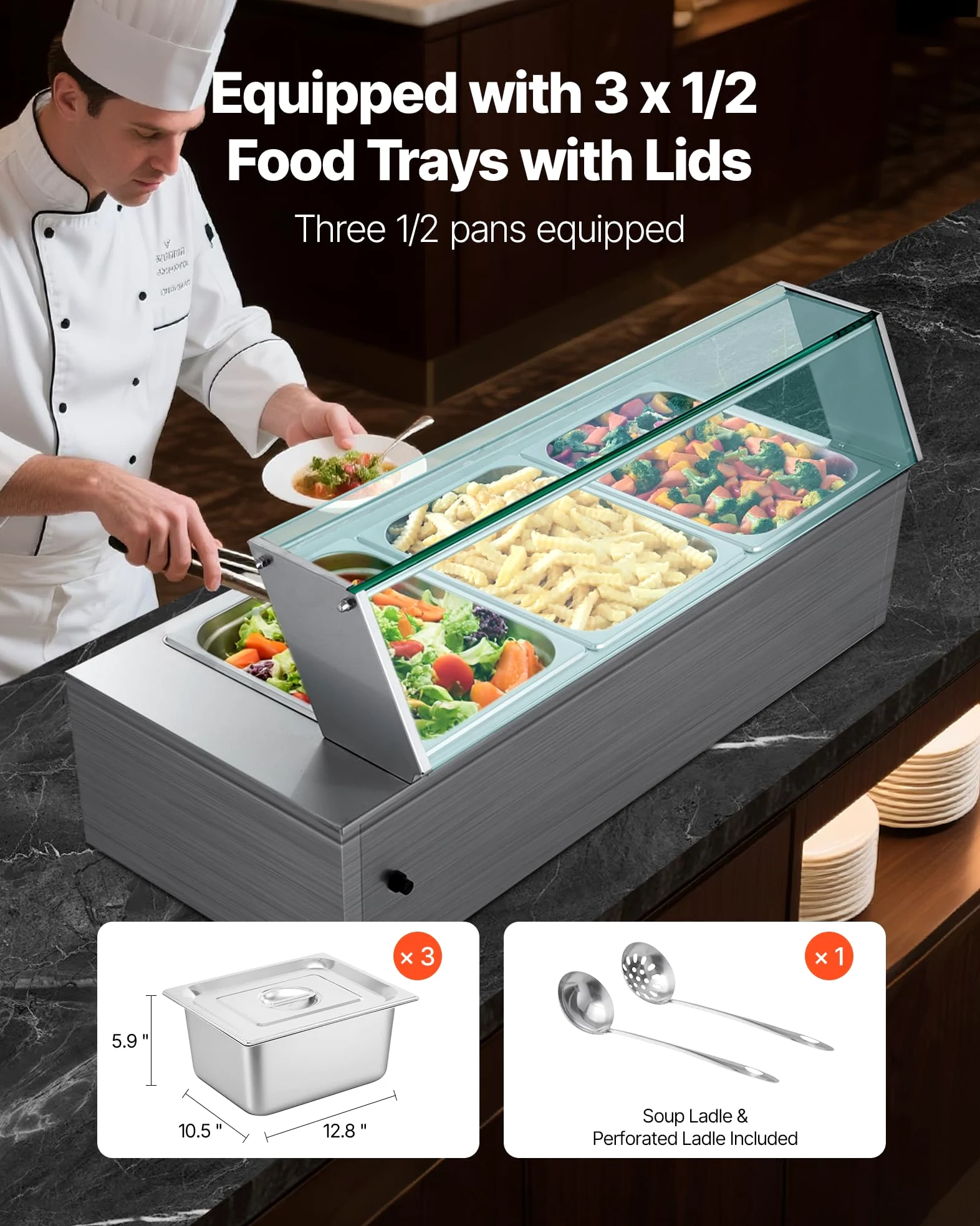 VEVOR Scaldavivande Commerciale Buffet 3 Contenitori da Dimensioni 1/2, Contenitore Scaldavivande Elettrico in Acciaio Inox da 1,5 kW con Coperchio in Vetro e Mestolo per Zuppa, per Catering, Feste