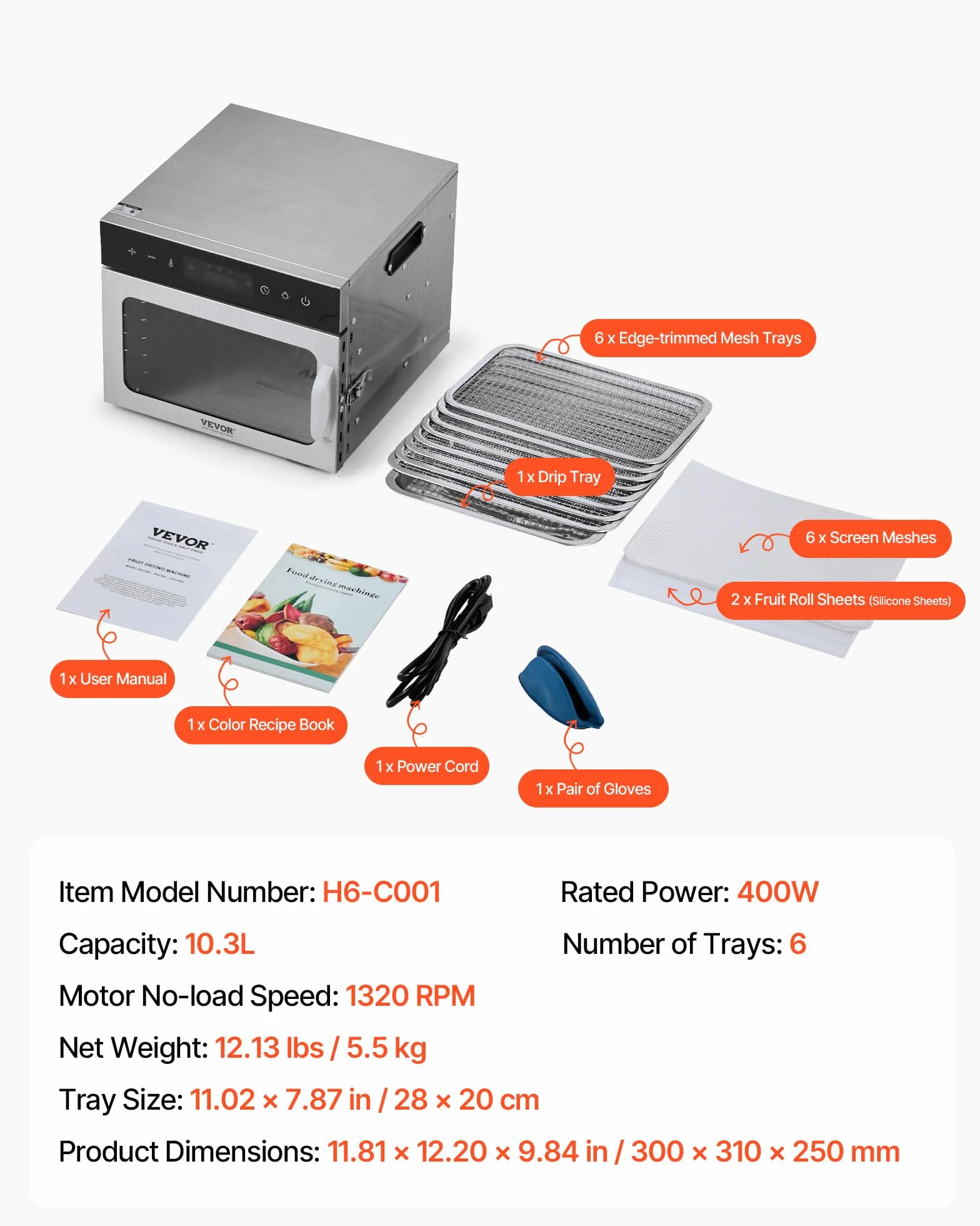 VEVOR Disidratatore Alimentare 6 Vassoi in Acciaio Inox, Essiccatore Elettrico per Alimenti da 400 W Temperatura Regolabile Timer, Liofilizzatore per Carne Secca, Frutta, Verdura, Erbe