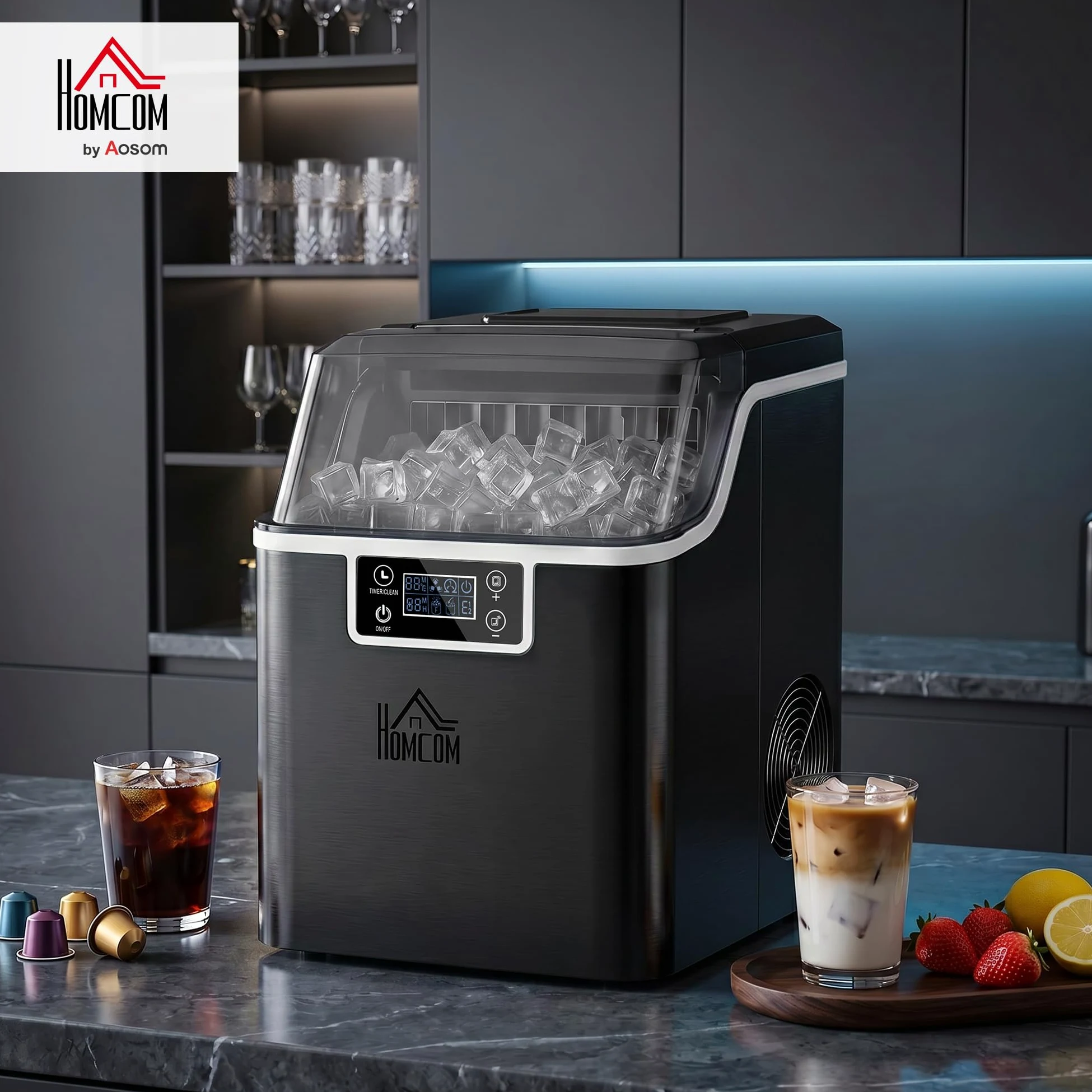 HOMCOM Macchina Ghiaccio 20kg in 24 Ore, Riempimento Manuale o con Bottiglia, 24 Cubetti in 14-18 Minuti con Paletta, Dimensione Regolabile, Serbatoio 3.2L e Sistema Autopulente, Nero