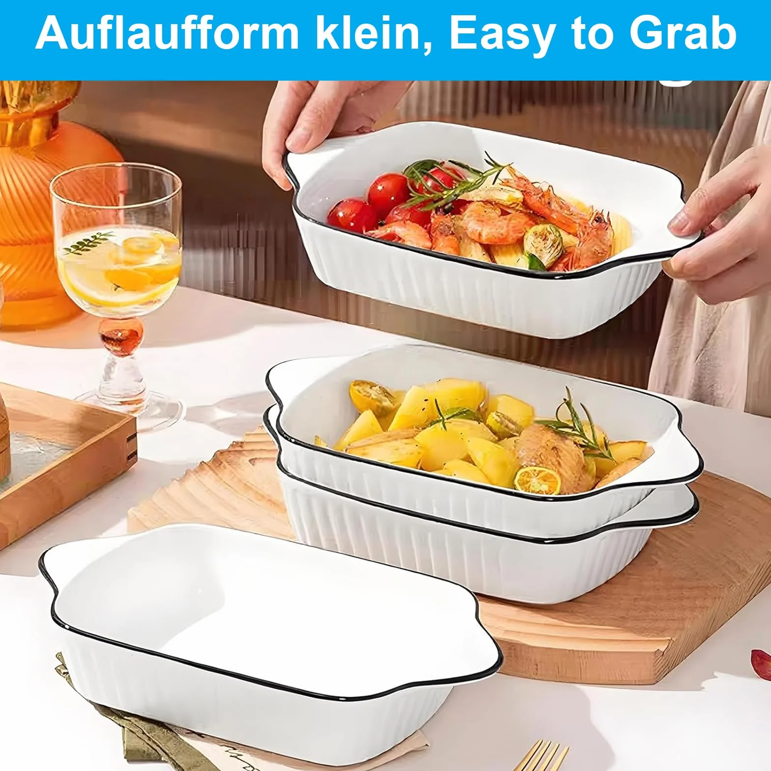 Set da 4 pirofile piccole in ceramica di alta qualità con manici, adatte per forno, microonde e friggitrice ad aria, perfette per gratin, pasta, dessert e altro. Piccola pirofila per 1 persona
