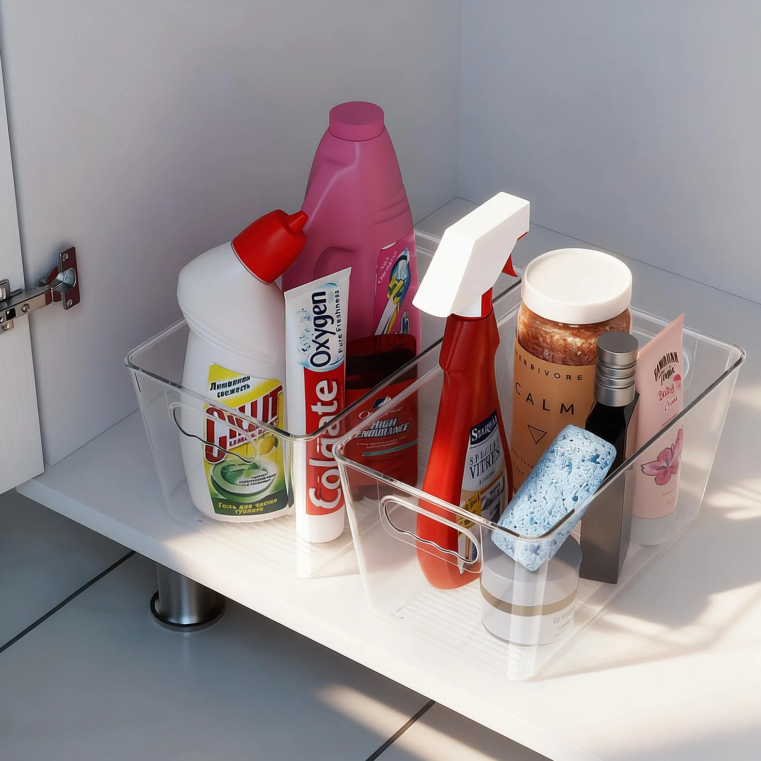 Contenitori trasparenti per dispensa, contenitori e contenitori in plastica con manico, organizer per armadietti, organizer per la casa, indispensabili per cucina, lavanderia, ufficio