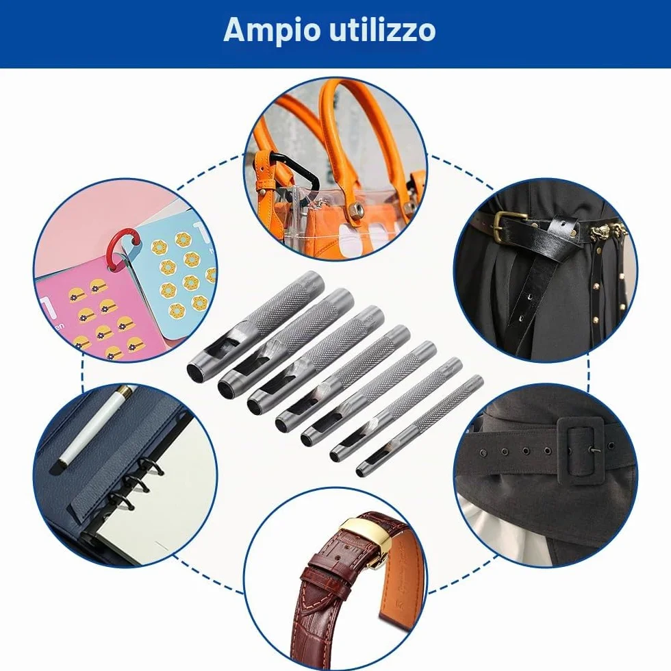 Punzoni per Cuoio, 7 Pezzi Rotondo Punzone Cavo in Acciaio Set, 5mm-11mm Fustelle per Cuoio, Affilato Punzone in Pelle, Punzoni per Bucare Cuoio, per Gomma Cartone Plastica Artigianato Tessuto