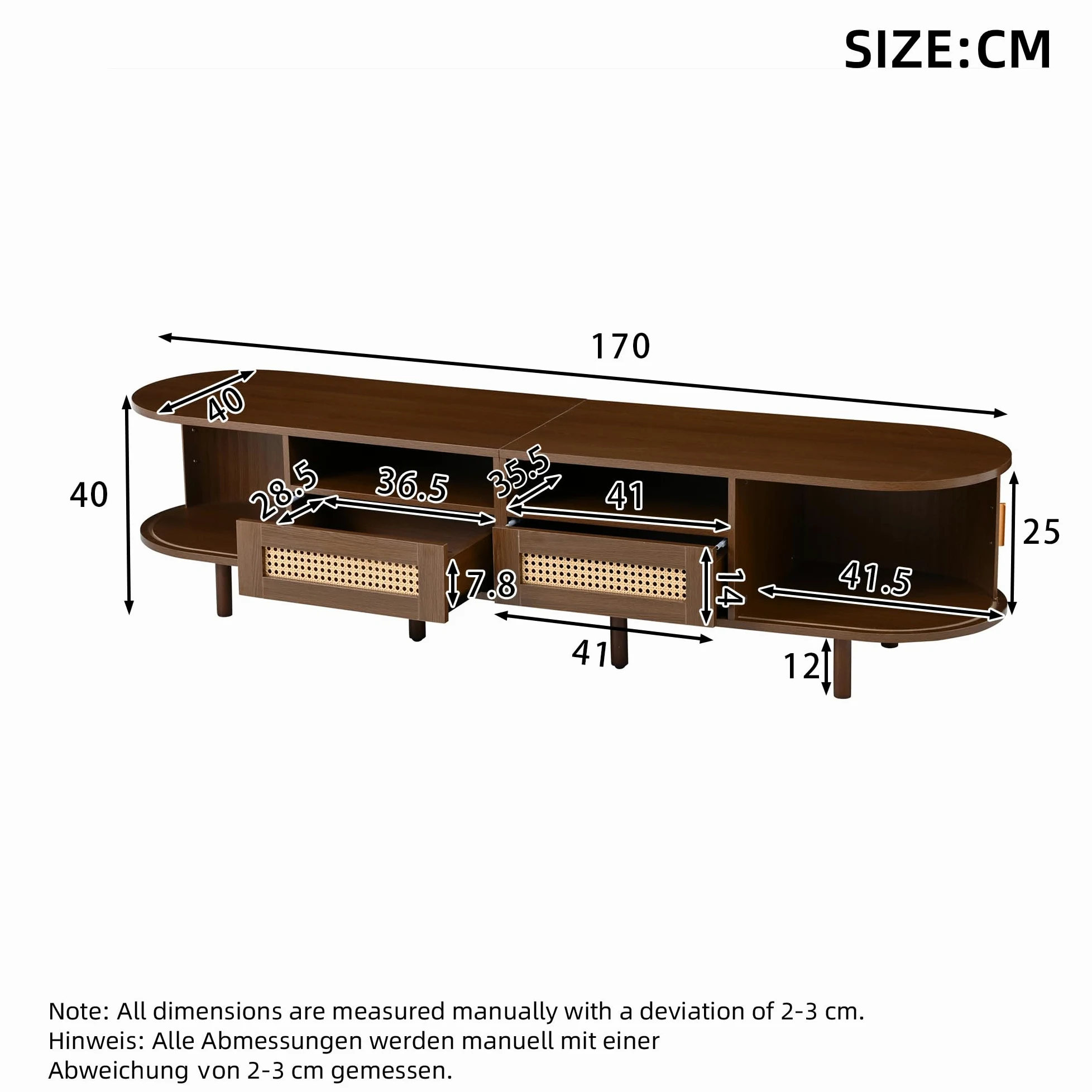 ModernLuxe Mobile TV Ovale e Tavolo TV per 70 Pollici, con 2 Cassetti in Rattan, 2 Ante Scorrevoli, Credenza Bassa, 170 * 40 * 40 cm Color Noce