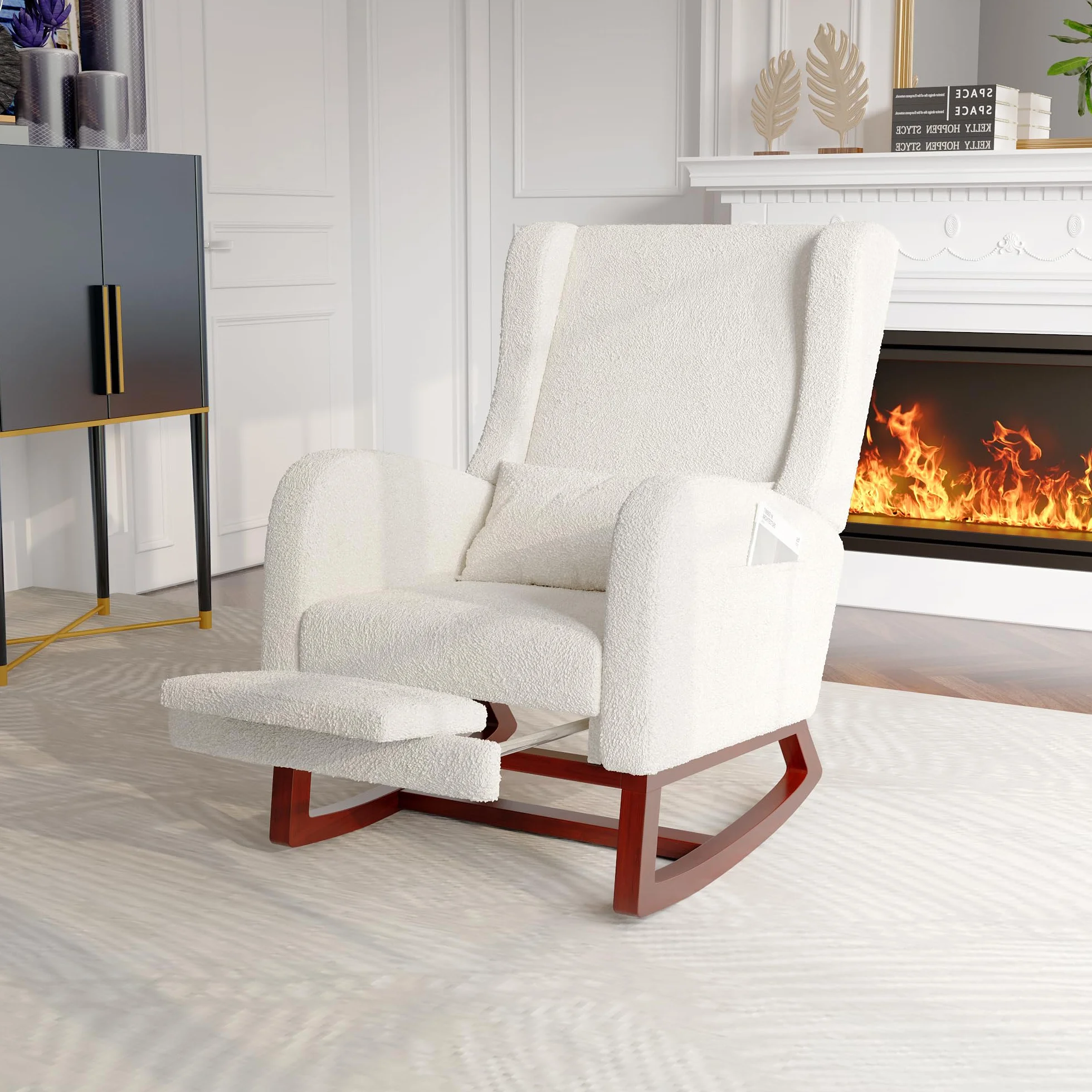 Poltrona a dondolo con poggiapiedi, sedia allattamento con cuscino lombare e 2 tasche laterali, poltrona da allattamento con gambe in legno massello, per soggiorno, camera da letto, beige