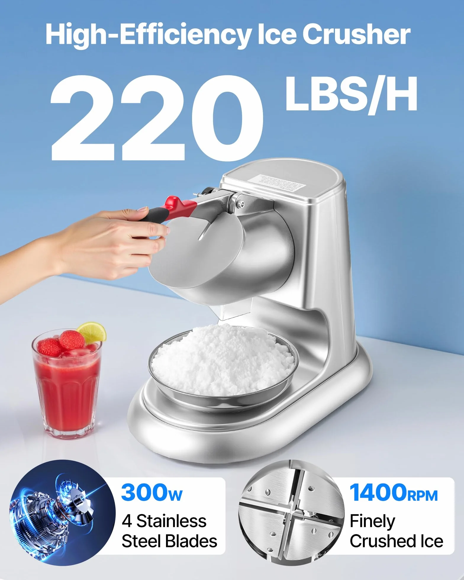 VEVOR Macchina Tritaghiaccio 100 kg/h, Produttore di Granita 4 Lame, Acciaio Inox 300 W 2000 Giri/min Argento