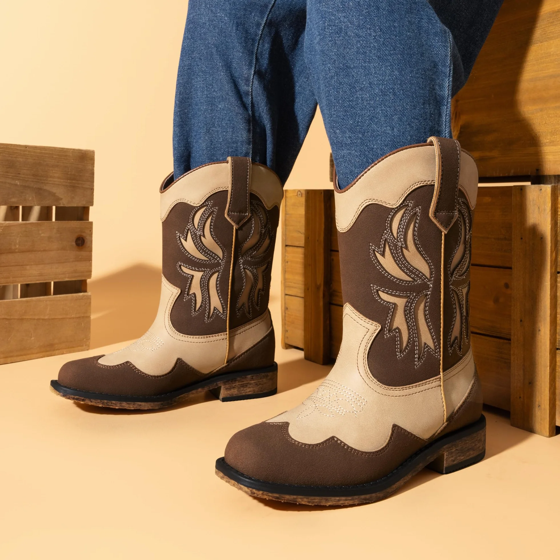 DREAM PAIRS Stivali da cowgirl per ragazze, punta quadrata, metà polpaccio, scarpe da equitazione occidentali