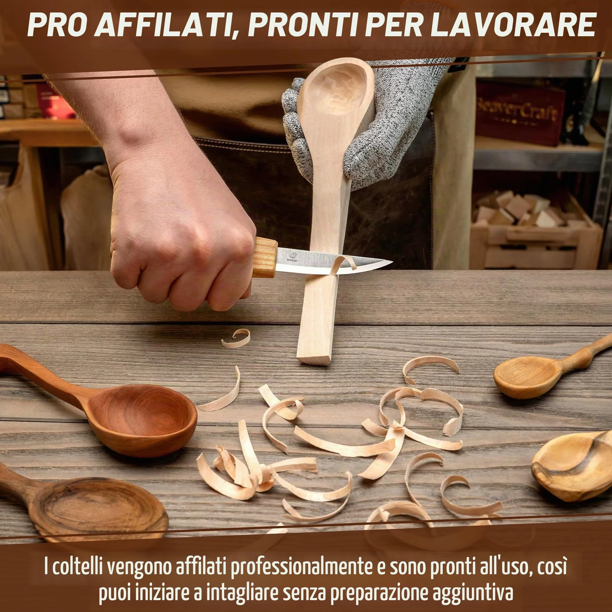 BeaverCraft S13 Kit per intaglio del legno con 3 coltelli - Set utensili per cucchiai, scultura e falegnameria, per principianti destrimani, con coltello a uncino
