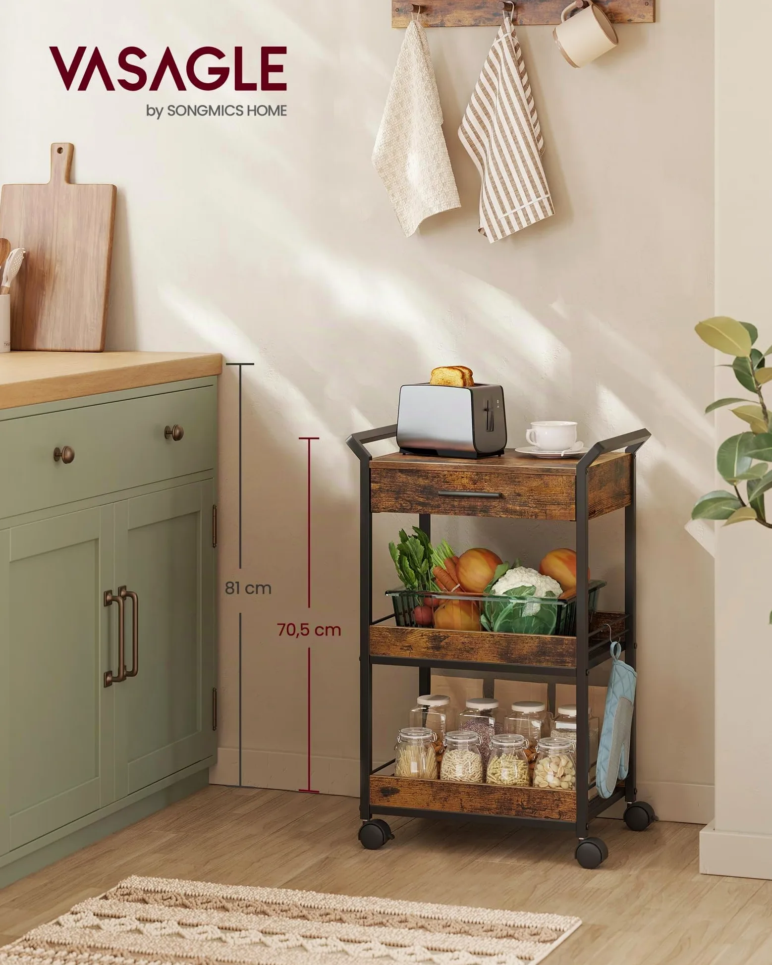 VASAGLE Carrello Portaoggetti a 3 Livelli con Ruote, Cassetto | Carrello di Servizio, Acciaio, Truciolato, con Freno, per Cucina, Bagno, Marrone Vintage e Nero, Collezione DACEY LRC048K01