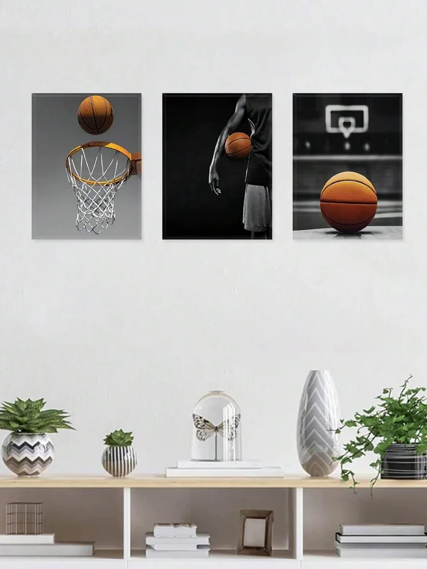 3 poster di azioni sportive, arte murale di basket, stampe artistiche di atletica, stampa su tela di canestro, dipinti di sport di squadra, decorazione per la cameretta dei bambini (50x70x3 cm/tela)