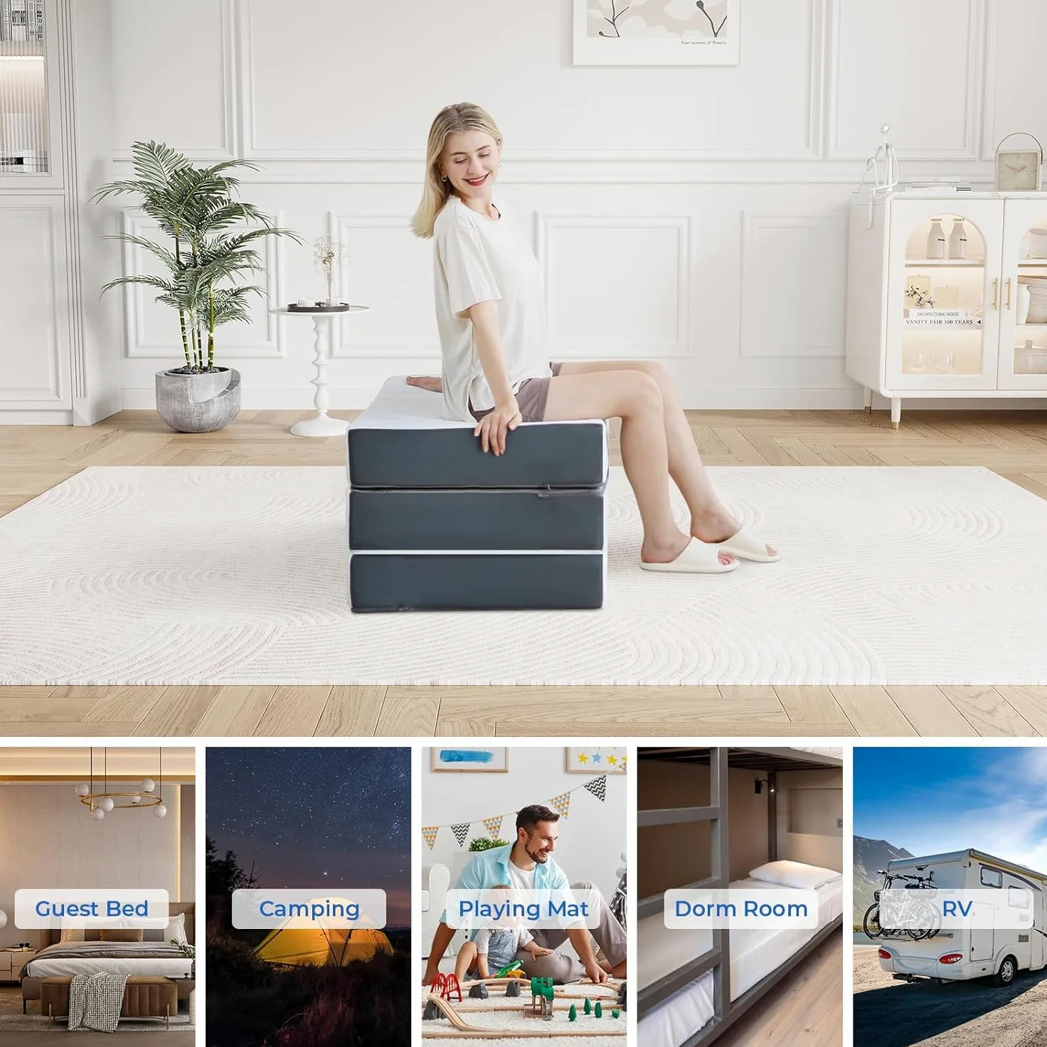 Vesgantti Materasso Pieghevole in Gel Memory Foam per Ospiti, Oeko-Tex Copertina Morbida, Materasso Singolo da Viaggio Campeggio, Sfoderabile, con Borsa per il Trasporto