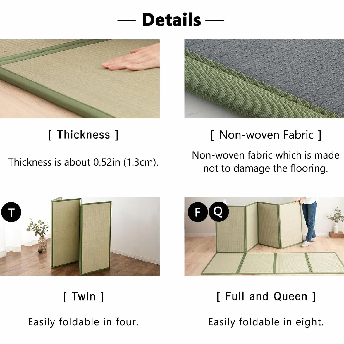 EMOOR Tappetino Tatami Giapponese 90 x 200 cm Erba Naturale (Non Tinta), Materasso Igusa Pieghevole Dormire a Terra Materasso Futon Giapponese Meditazione Yoga Zen