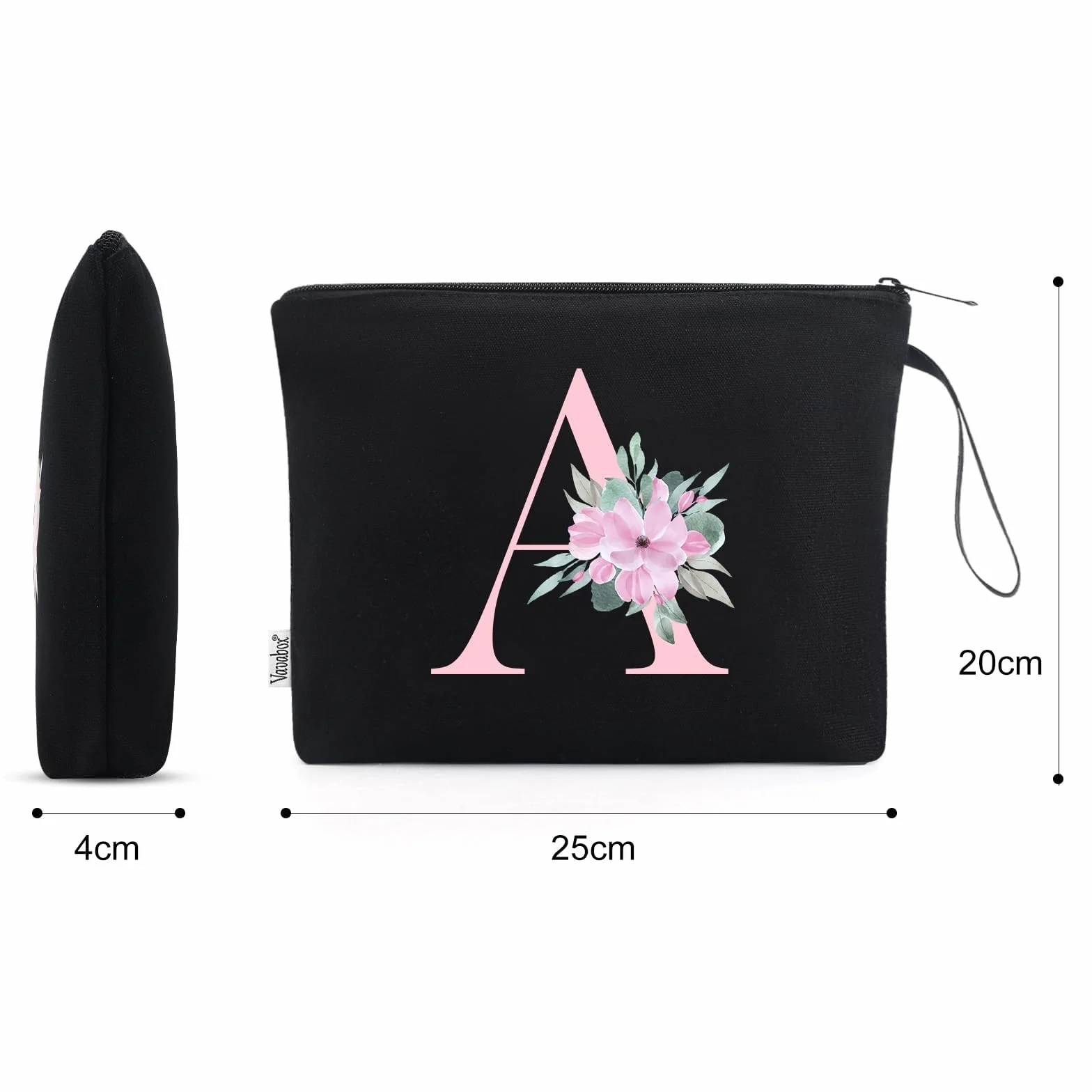 Vavabox Beauty case con iniziali personalizzate dalla A alla Z, regalo di compleanno per donne, regalo per sposa, damigella d'onore (A, 01-Nero)