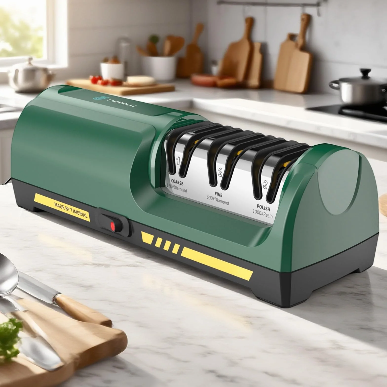 Affilacoltelli elettrico con disco abrasivo diamantato a 3 stadi e guida angolare 15° per coltelli da cucina