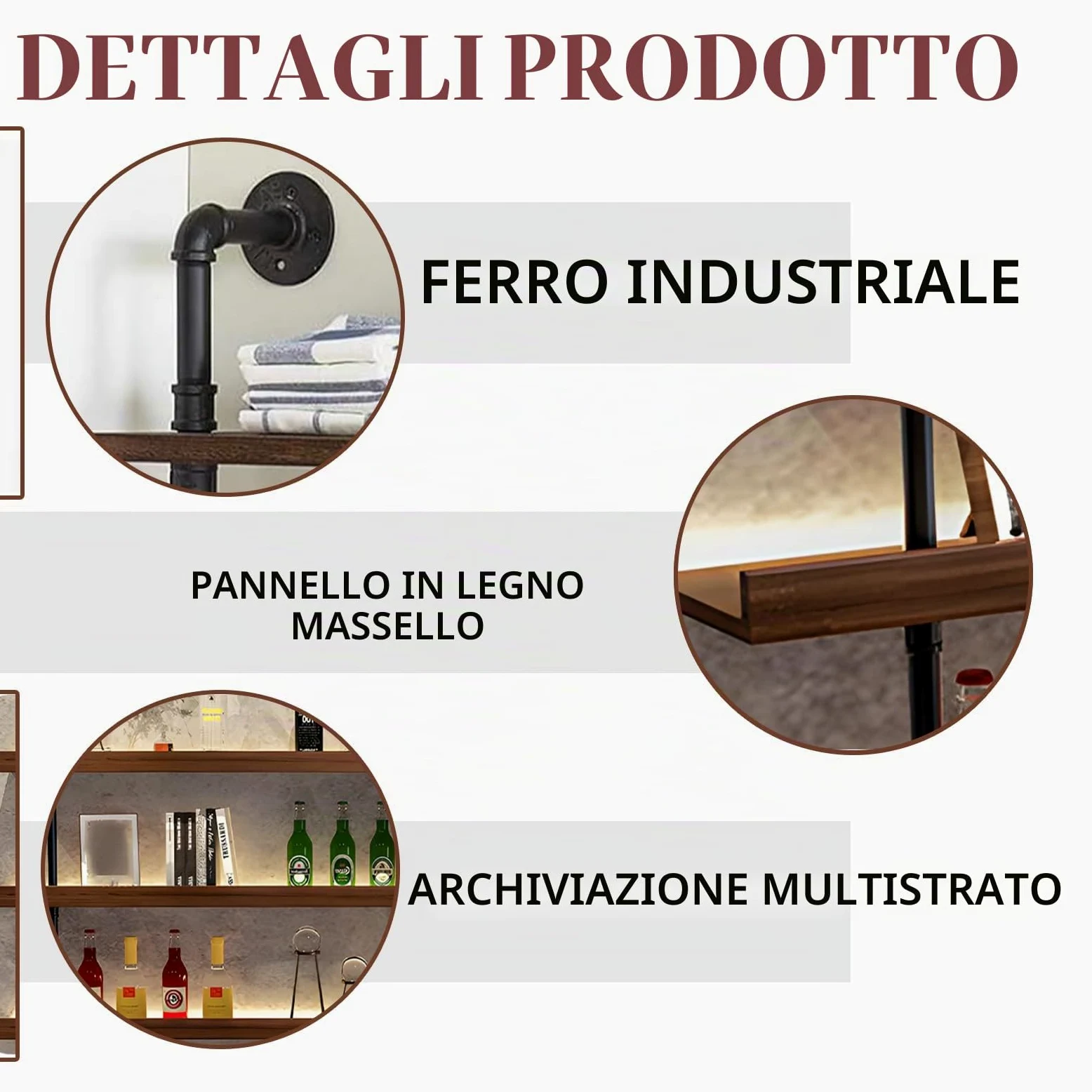 Portabottiglie da Parete in legno Massello, Grande Espositore per Bottiglie di Vino in Industriale Vetrinetta da Bar Con Luce LED,Scaffale Galleggiante Per Cucina, Bar, Caffetteria (80cm)