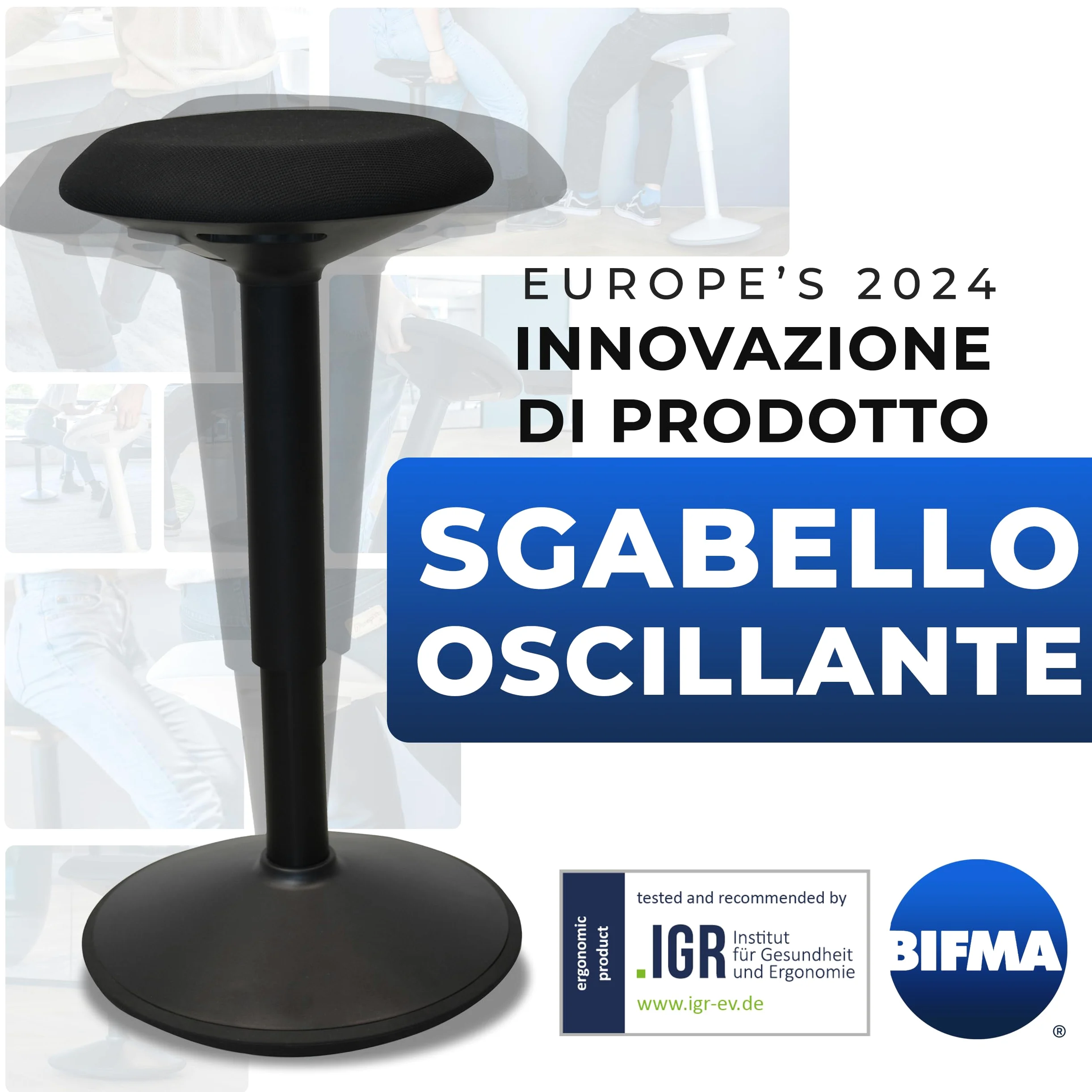 Backerz Sgabello Ergonomico - Sgabello Girevole da 55 a 80 cm con effetto dondolo - Sedia da Ufficio per Casa, Ufficio, Studio - Cuscino a Schiuma, Esterno in Lino Impermeabile - Bianco Opaco