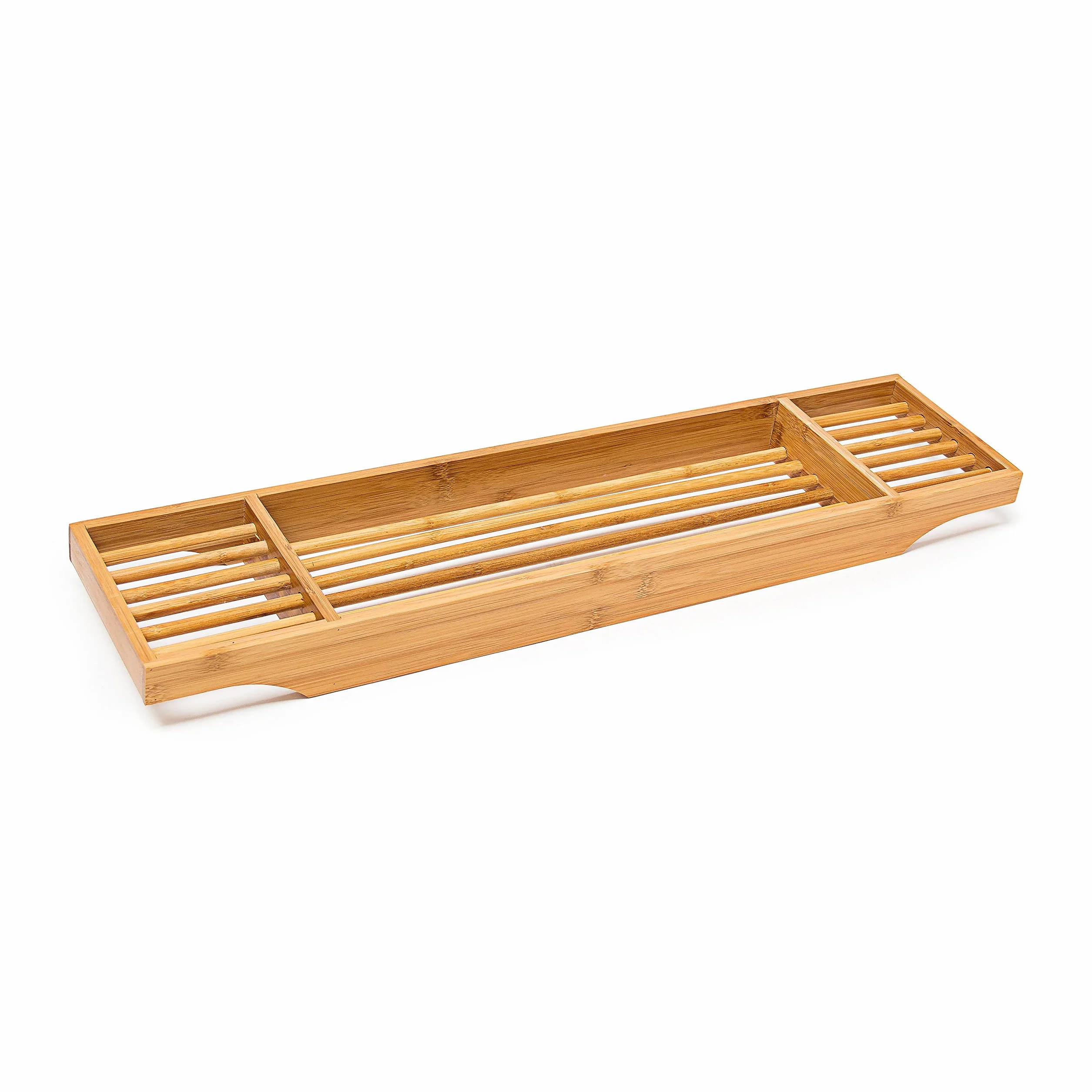 Relaxdays Mensola per Vasca da Bagno in bambù, HLP: 5,5 x 70 x 16,5 cm, 3 Scomparti, Porta-Saponetta, Legno Naturale