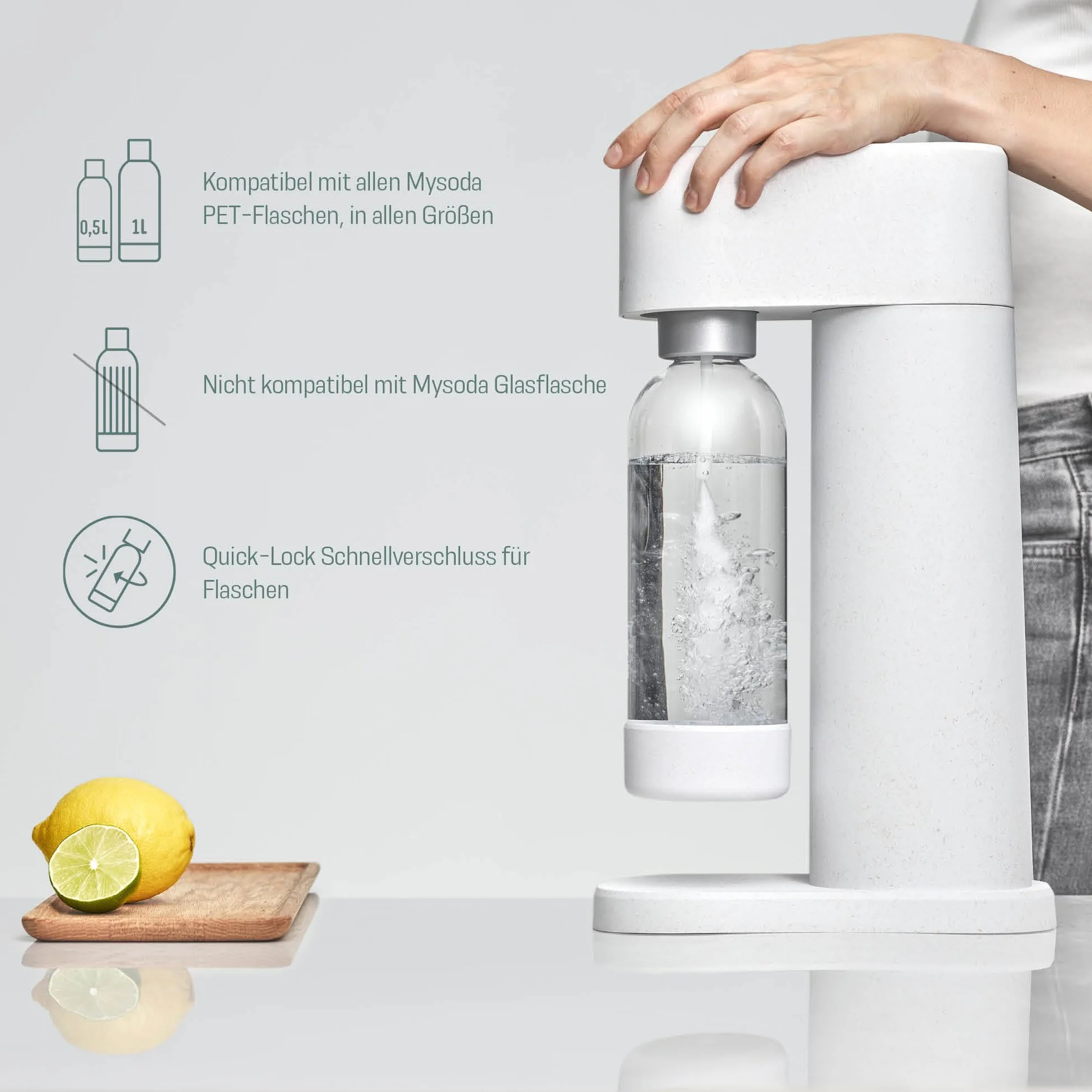 Mysoda Woody - Gasatore d’acqua per l’acqua frizzante in materiale composito di legno con bottiglia in PET e bombola CO2 inclusa - Blanco