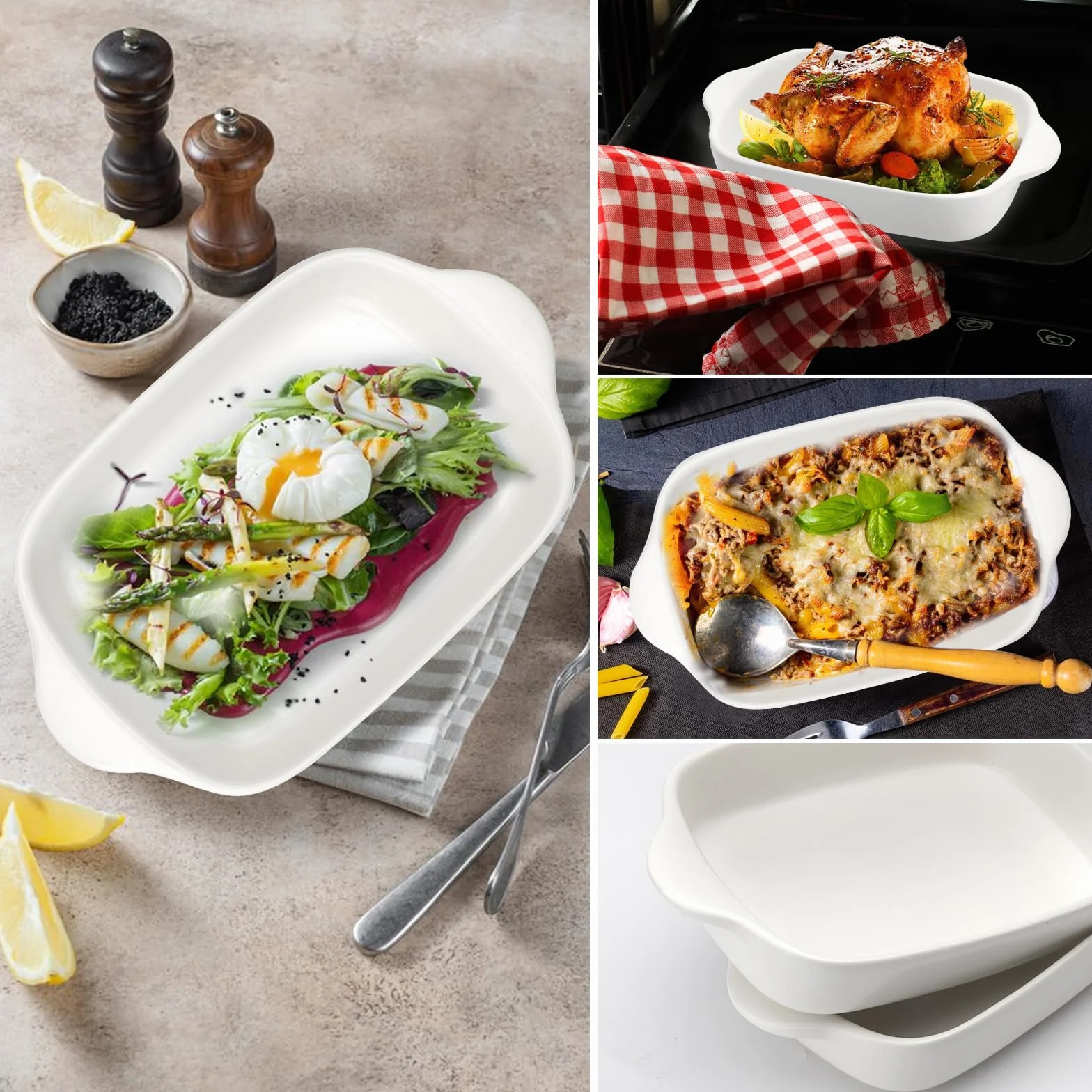 2 pirofile in ceramica, per lasagna, 23,2 x 14,2 x 4,5 cm, rettangolari, piccole pirofile, con manico, in ceramica, rettangolari, per lasagne, tiramisù e casseruola (bianco)