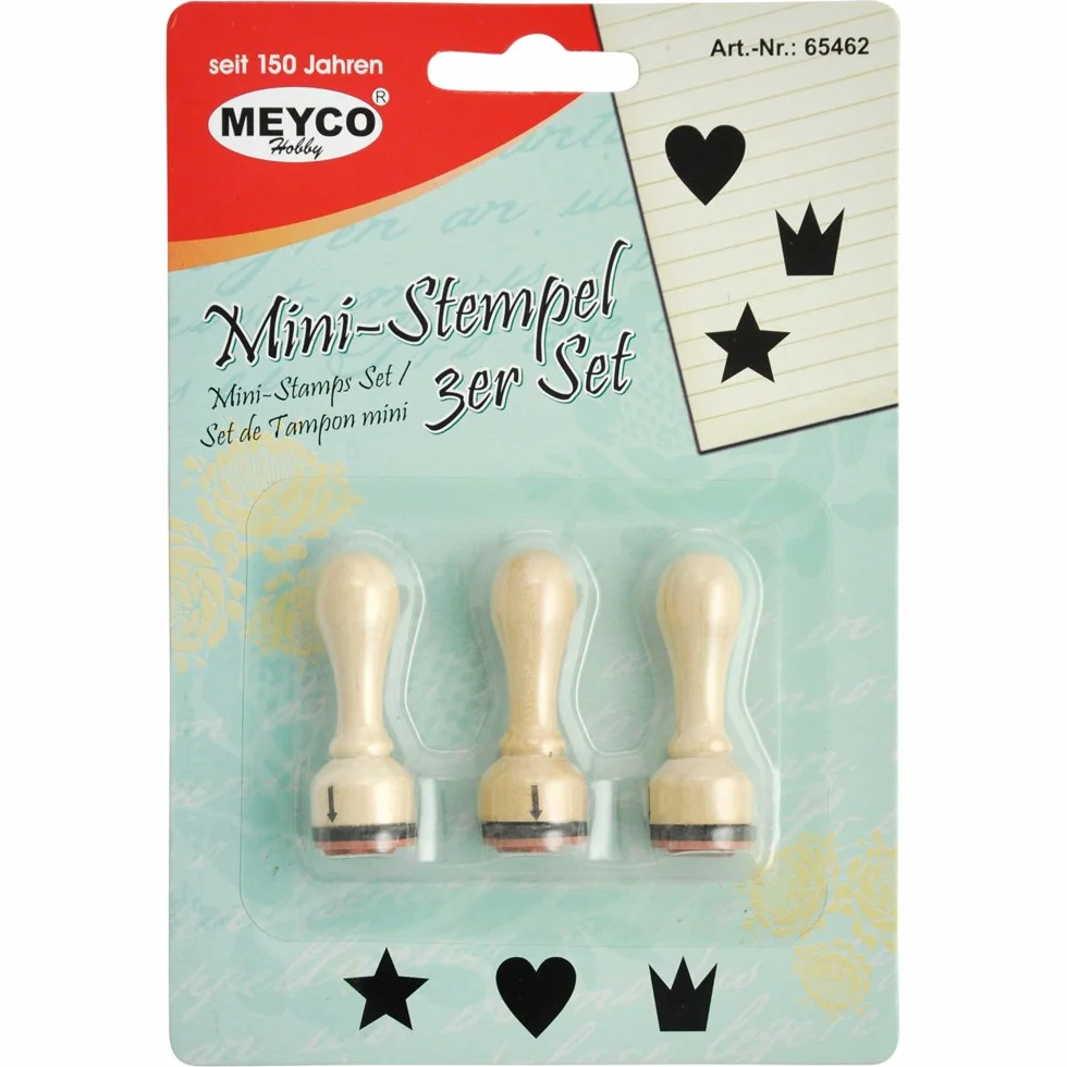 Set di 3 timbri in legno a forma di stella, cuore, corona