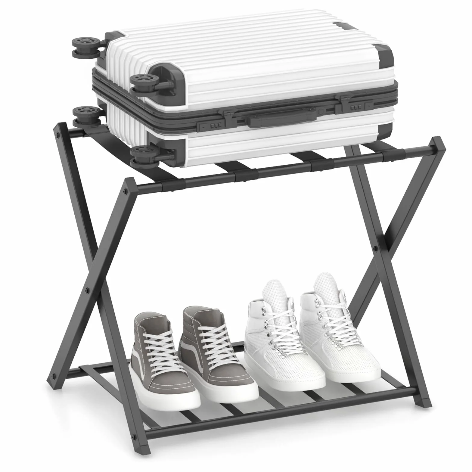 COSTWAY Portavaligie Pieghevole a 2 Ripiani in Metallo 68x43x56 cm Nero