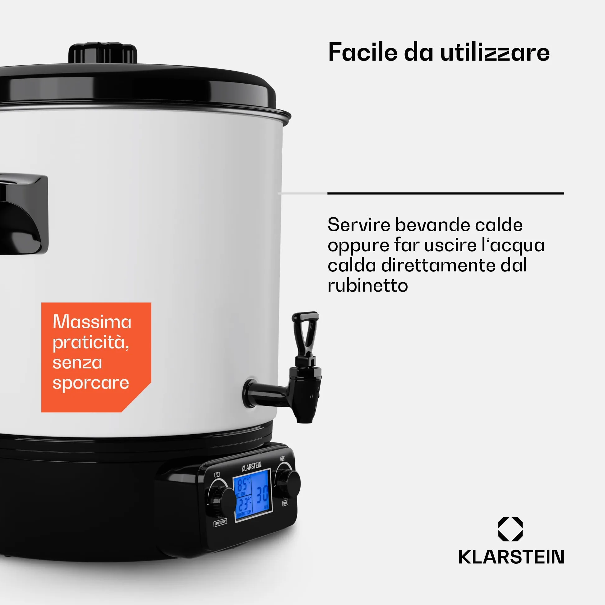 KLARSTEIN Bollitore Vin Brule, Distributore Bevande Calde, Dispenser Termico con Rubinetto 27 Litri, 1800W Acciaio Inossidabile, Thermos Bollitore Acqua Calda e tè, Pentola Bollitore Kit Vin Brulè