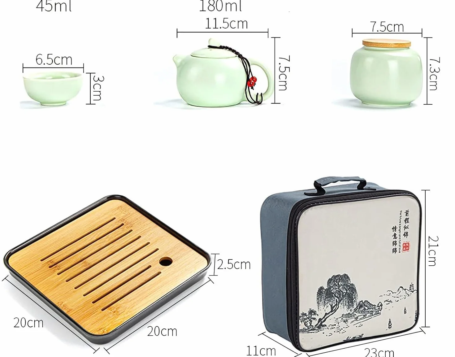 Set di Teiera Cinese Kungfu - Servizio da Tè in Ceramica con 4 Tazze, Lattina e Vassoio da Viaggio