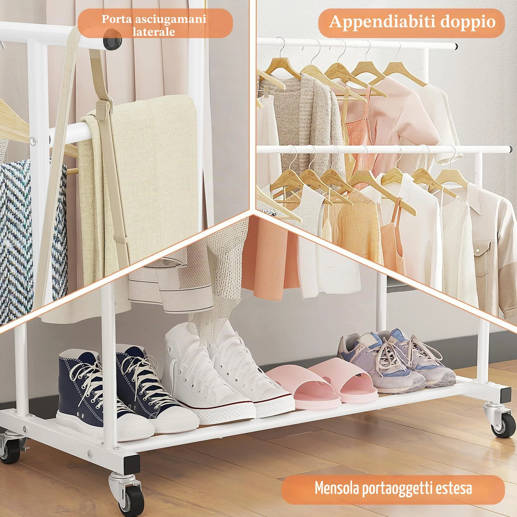 Calmootey Appendiabiti a doppia asta, appendiabiti portatile per camera da letto, soggiorno, negozio di abbigliamento, bianco