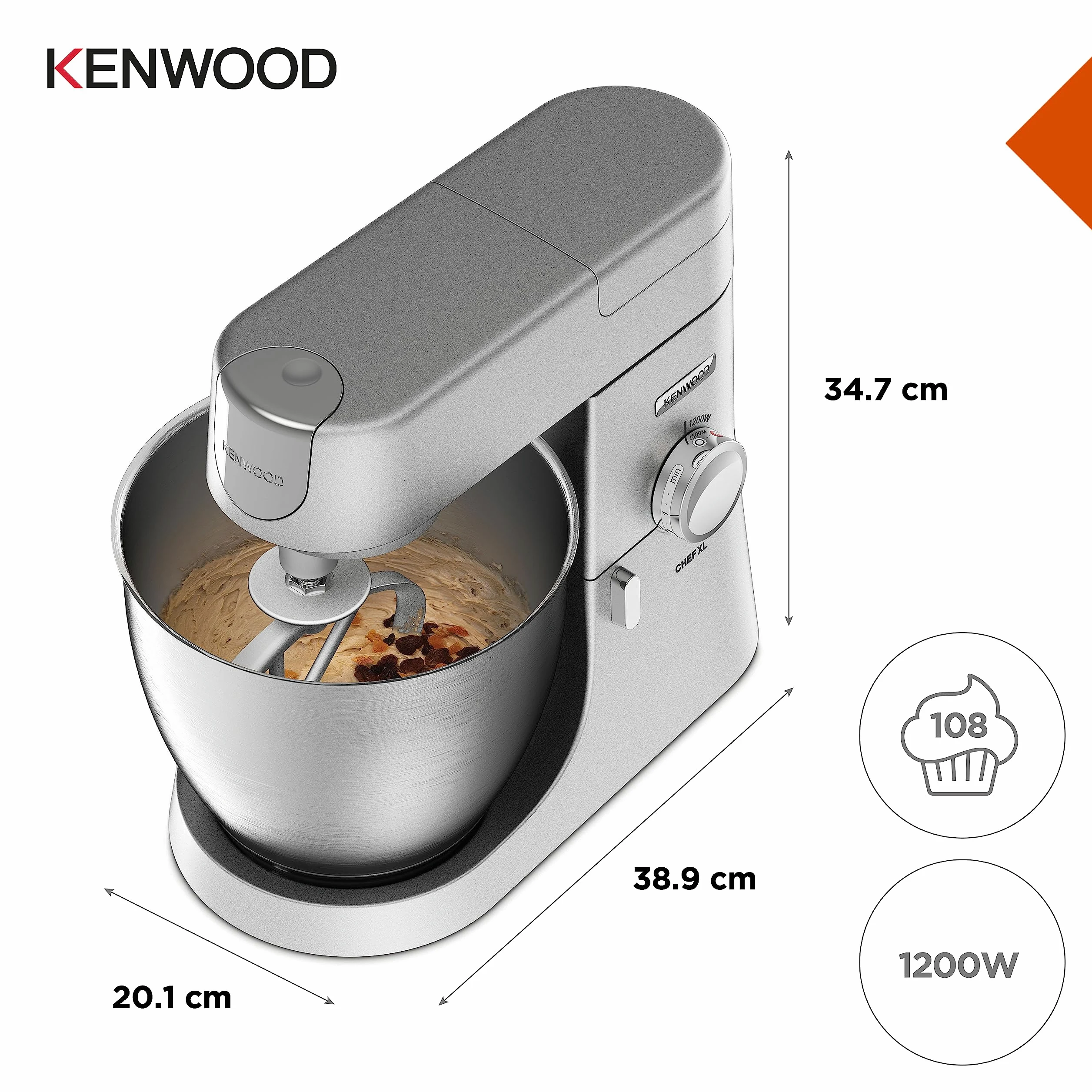 Kenwood KVL4100S Impastatrice Planetaria Chef XL con Ciotola da 6,7L, 3 Ganci di Miscelazione, Personalizzabile con oltre 25 Accessori Opzionali Acquistabili Separatamente, Potenza 1200W, Silver