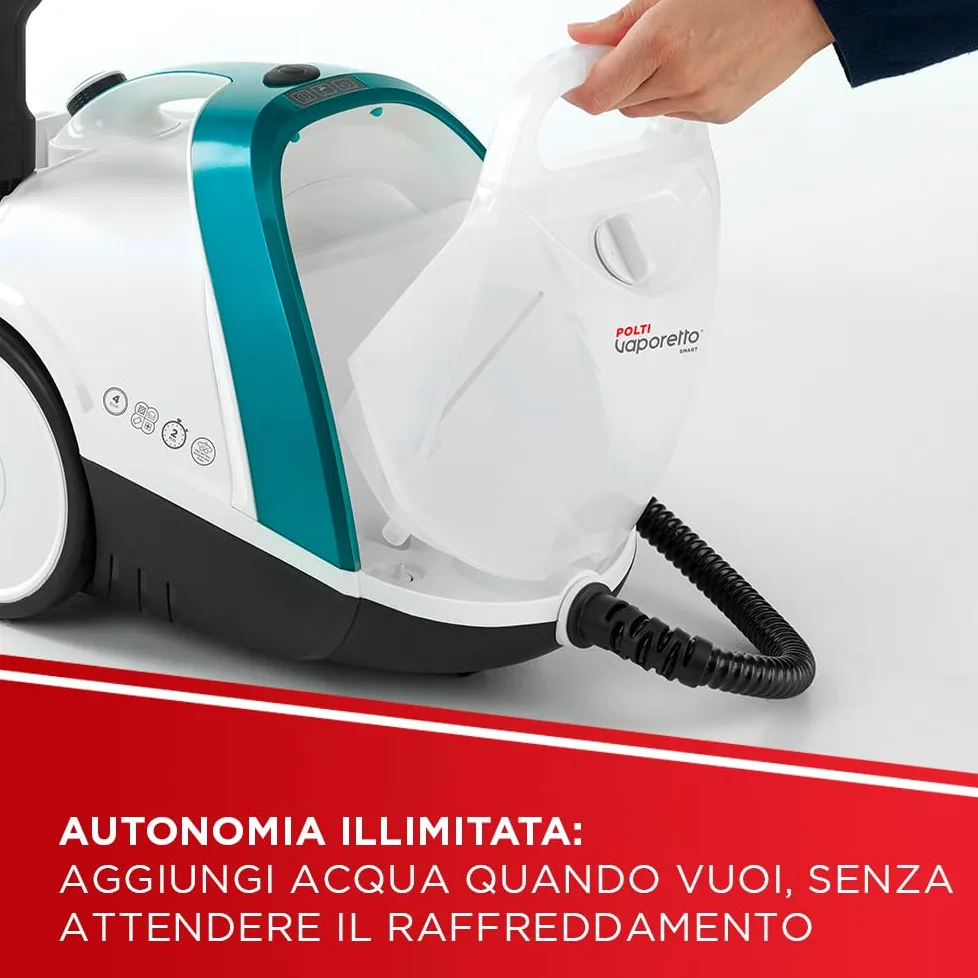 Polti Vaporetto Smart 100 T, Pulitore a Vapore con Caldaia ad Alta Pressione 4 Bar, Potenza Max 1500 W, 8 Accessori Inclusi, Bianco e Turchese