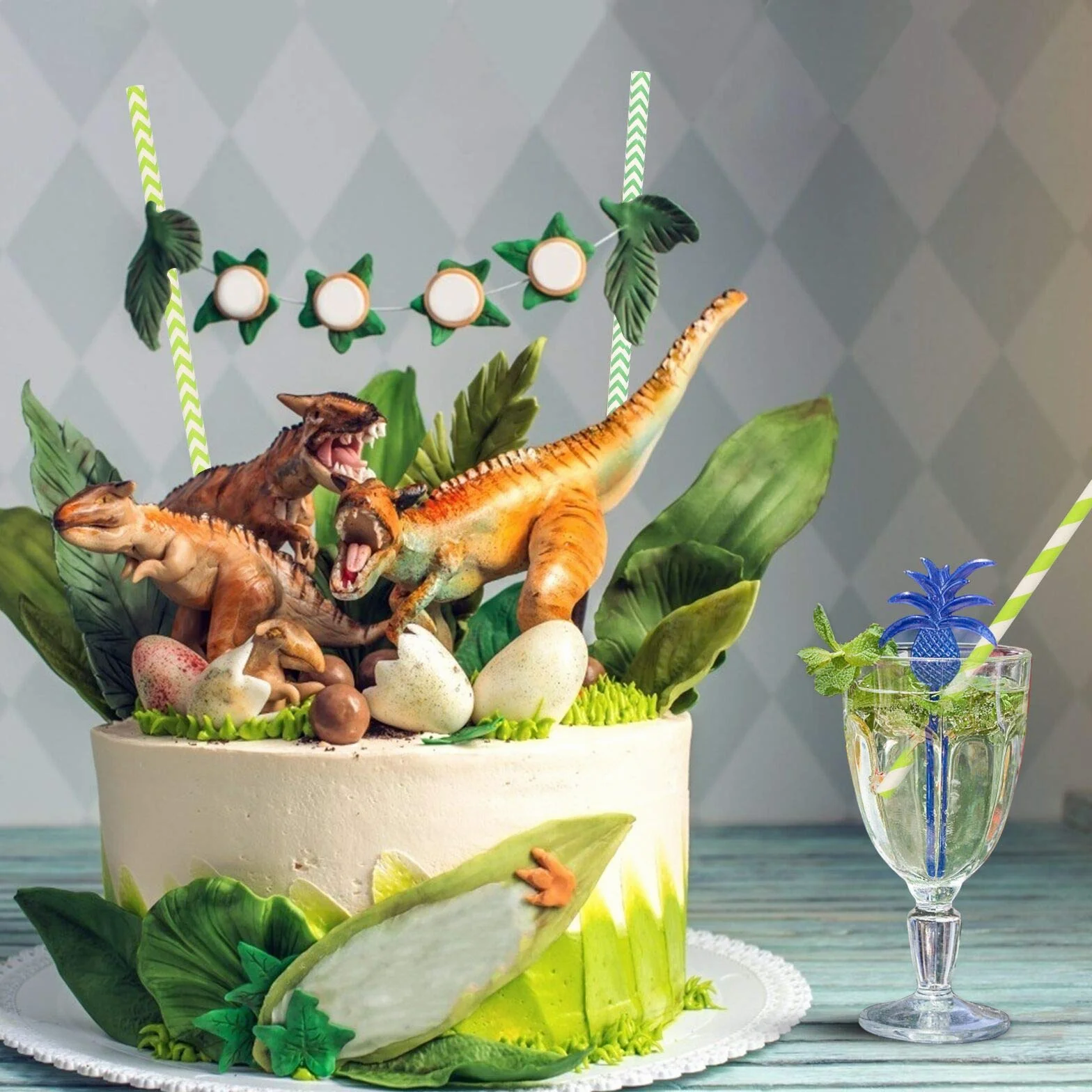 200 cannucce di carta verdi a righe, cannucce per feste, per feste a tema dinosauro, decorazione per bambini, compleanni, succhi di frutta (verde, 4 stili)