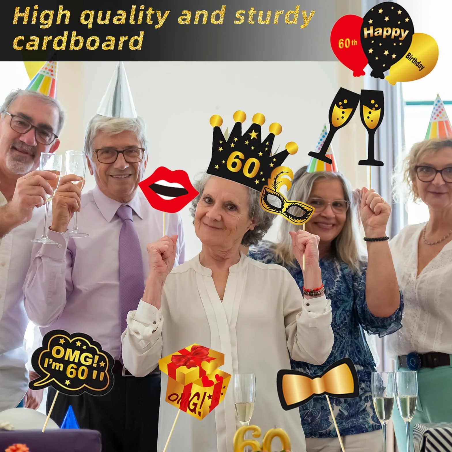 31 Pezzi Photo Booth Compleanno Accessori Carta Foto Frame Cornice Baffi Occhiali Cappelli Puntelli Fotografia Decorazione per Festa Compleanno Gadget 60 Anni Fai da Te