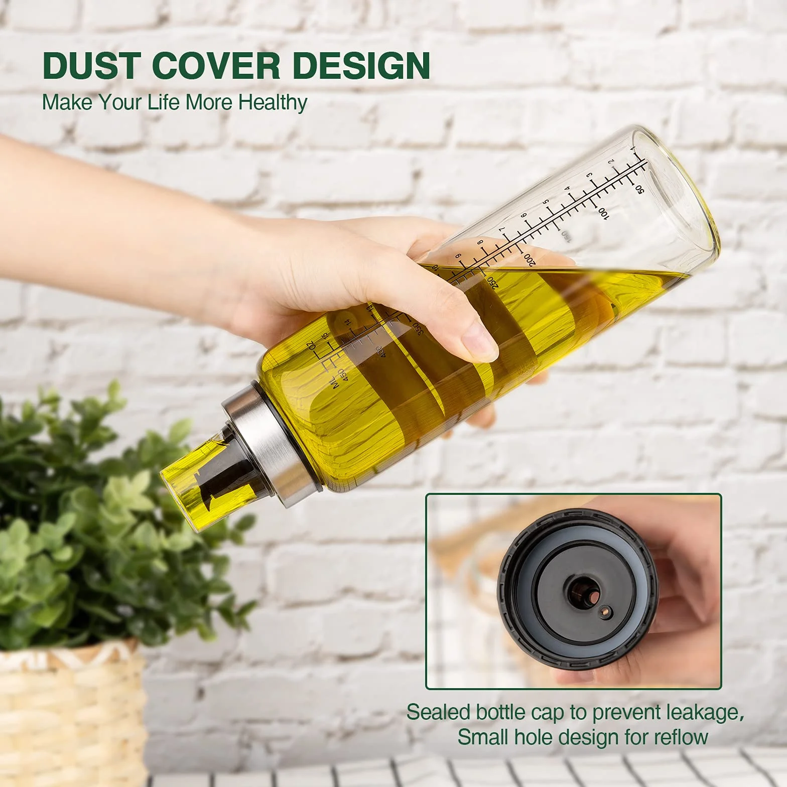 Hotder 2 bottiglie di olio da cucina con drizzler, 500 ml, in vetro, collo largo, facile da riempire e pulire, dispenser di olio a prova di perdite per olio d'oliva e aceto