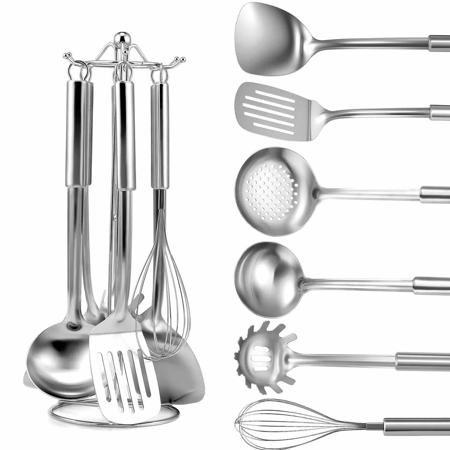 Set 7 utensili cucina acciaio inox con manico appendibile lavabile in lavastoviglie