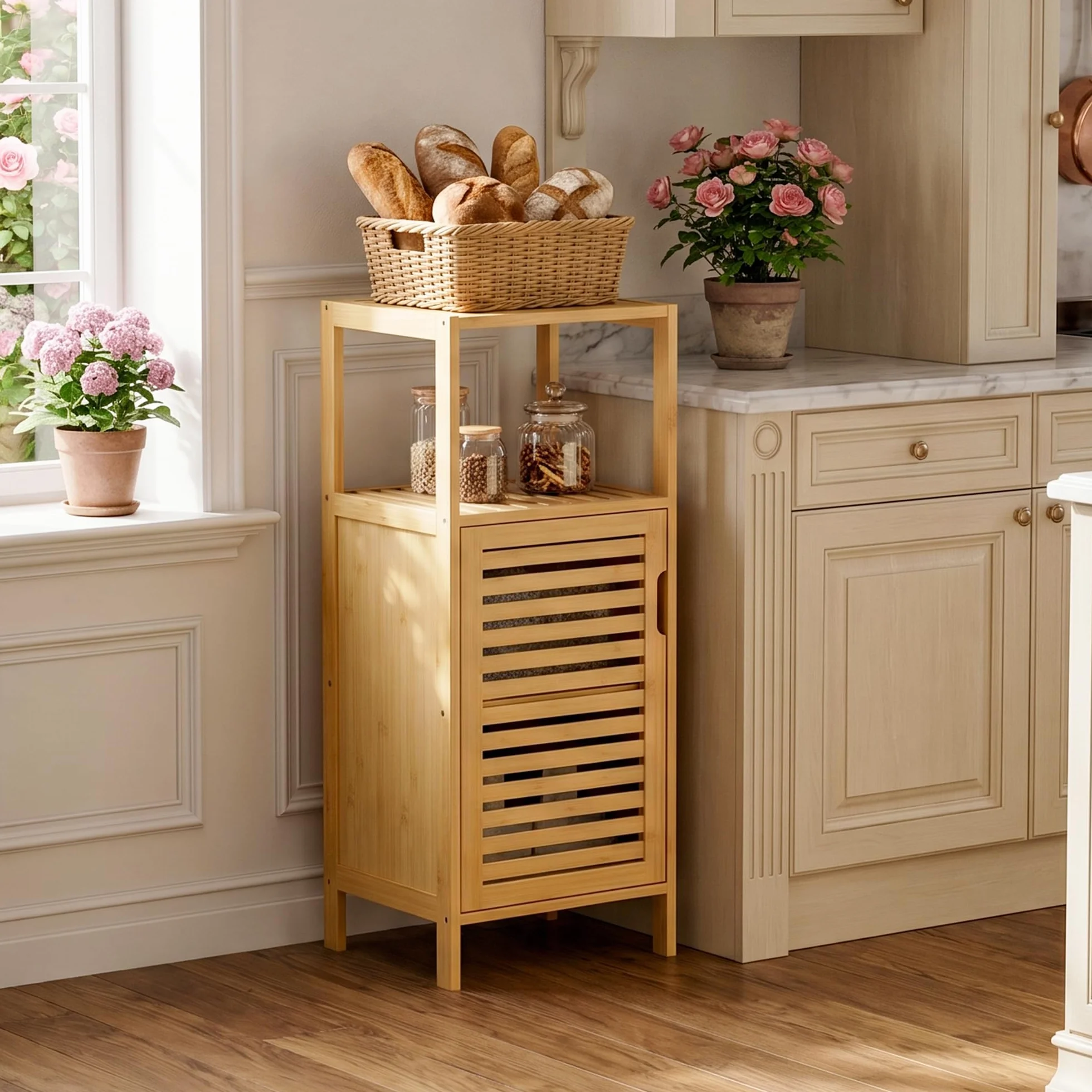 HITNET Mobile Bagno Piccolo, Mobiletto Bagno Basso da Terra, Armadietto da Pavimento in Bambu con Compartimento Aperto, adatto per Soggiorno, Cucina e Corridoio, Naturale