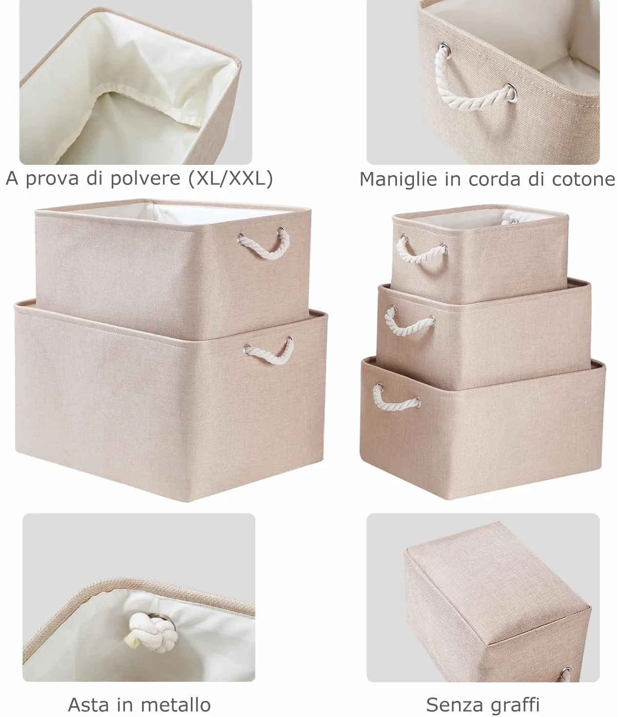 Mangata Cesti Portaoggetti in Tessuto Scatole Armadio 3 Pezzi Avorio L