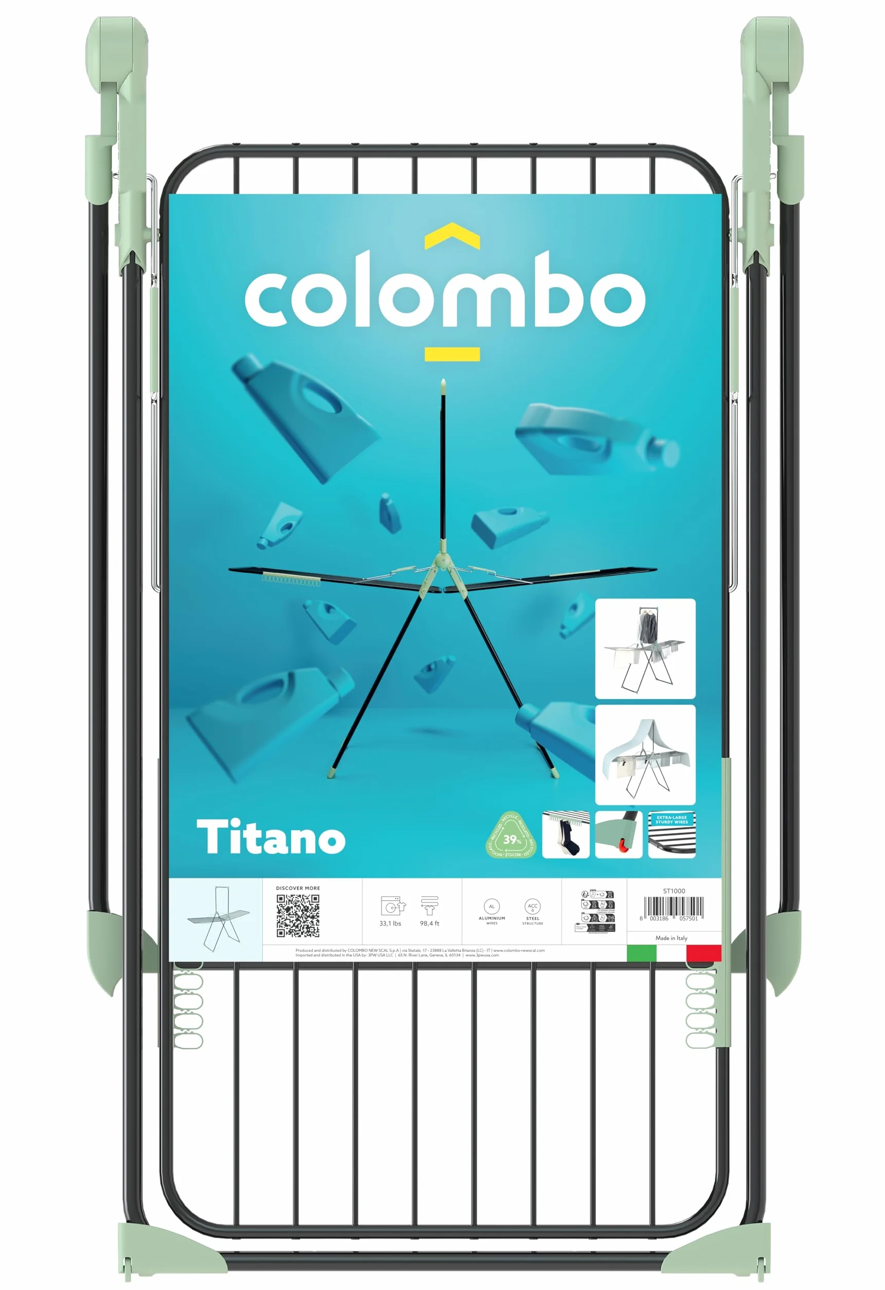 Colombo Stendibiancheria Titano con Barra Portabiti Pieghevole a 2 Livelli Acciaio Alluminio Antiruggine Capacità 15kg 30m Made in Italy
