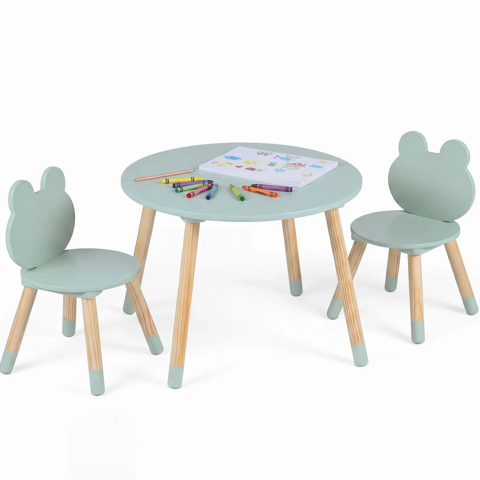 COSTWAY Set Tavolo e Sedie per Bambini, Tavolino e 2 Sedie a Forma di Rana con Gambe in Legno e Angoli Arrotondati, Set Mobili Salvaspazio per Bambini 3+ Anni per Cameretta Ragazzi (Verde)