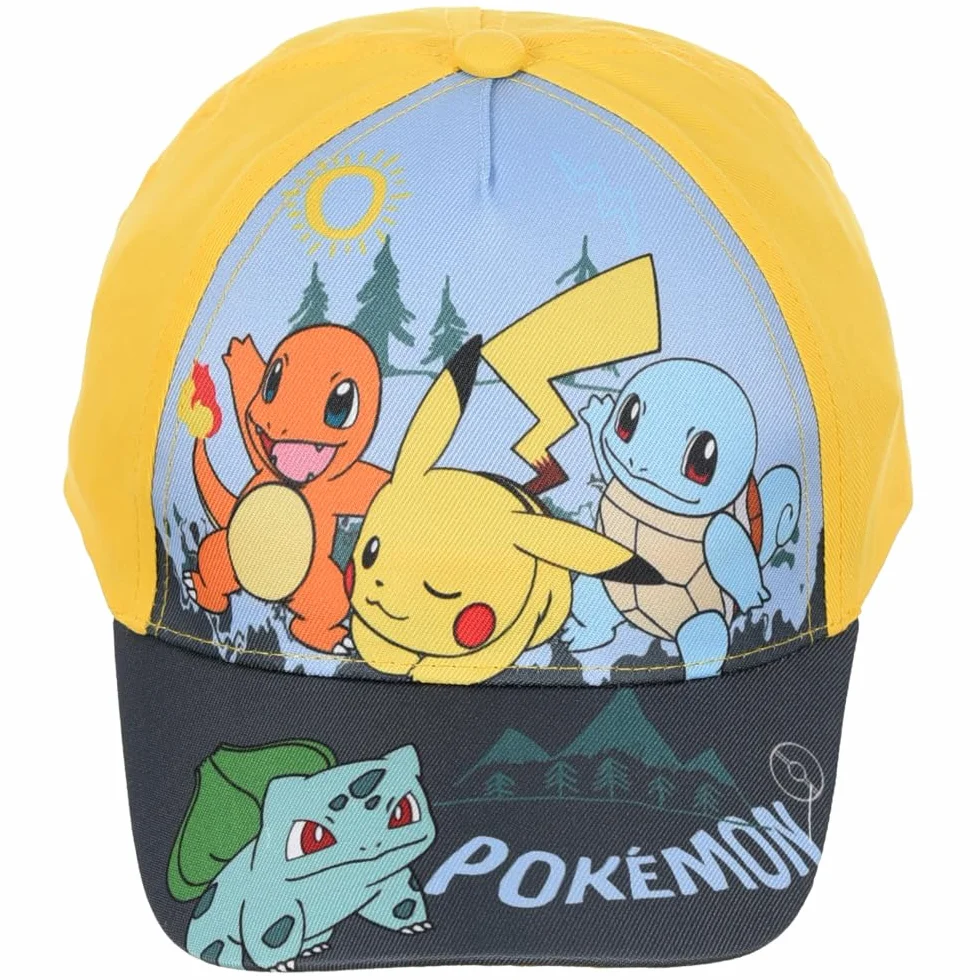 Pokémon Cappellino Bambino Visiera Regolabile Giallo Pikachu Charmander Squirtle Bulbasaur 100% Cotone