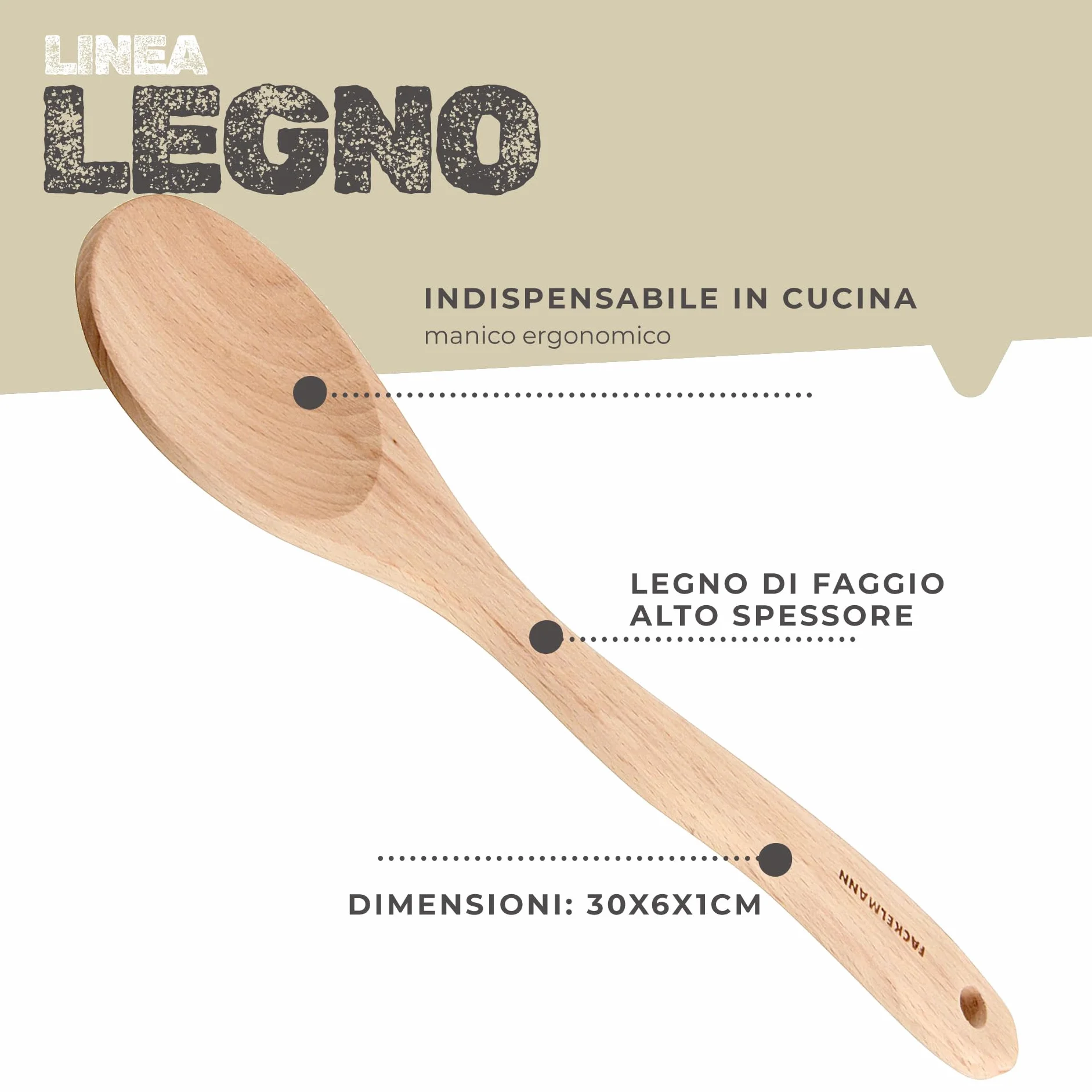 Fackelmann Cucchiaio da cucina in legno di faggio 30 cm per pentole antiaderenti