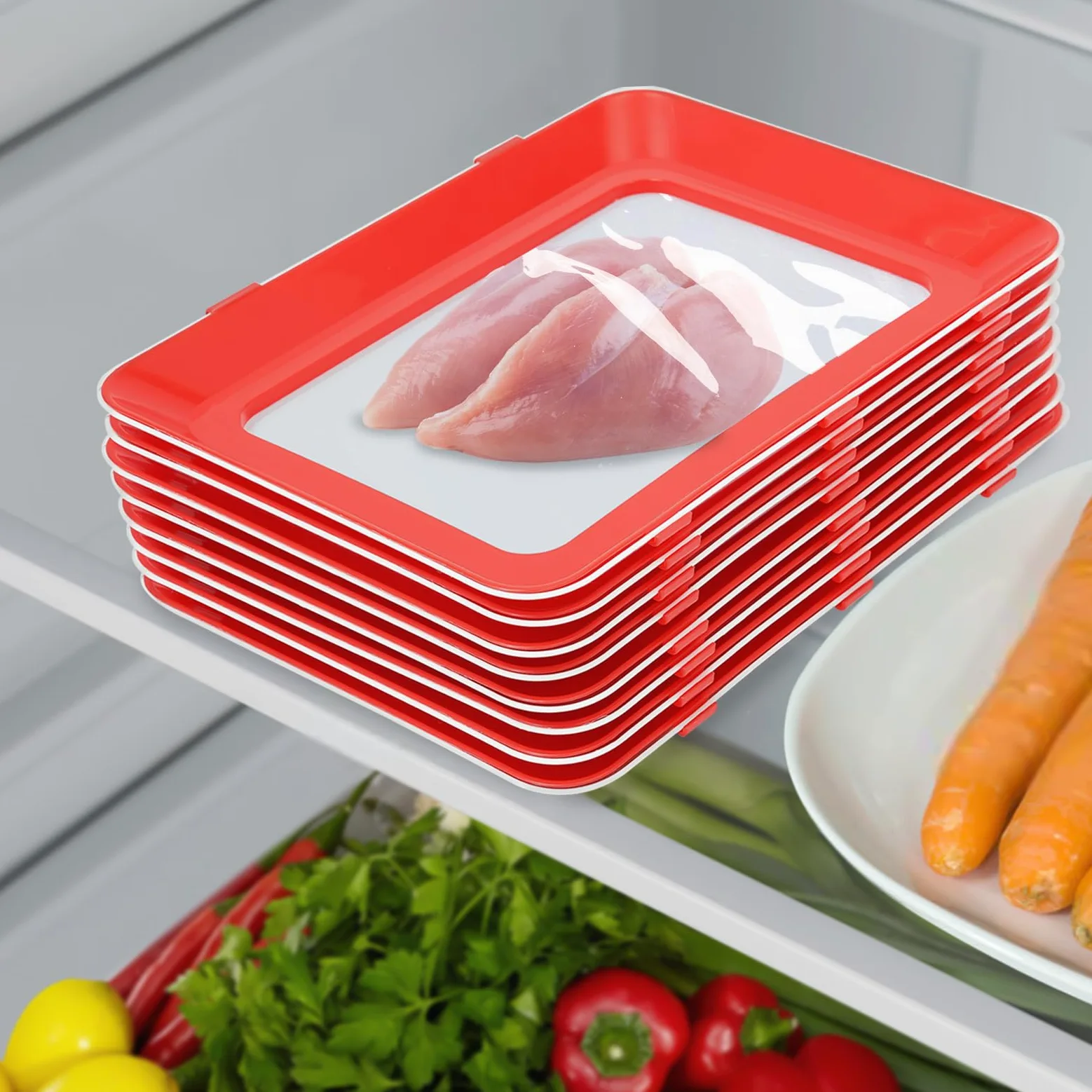 Set di 8 vassoi con pellicola elastica, riutilizzabili, impilabili, per conservare alimenti, 30 x 22 x 3 cm