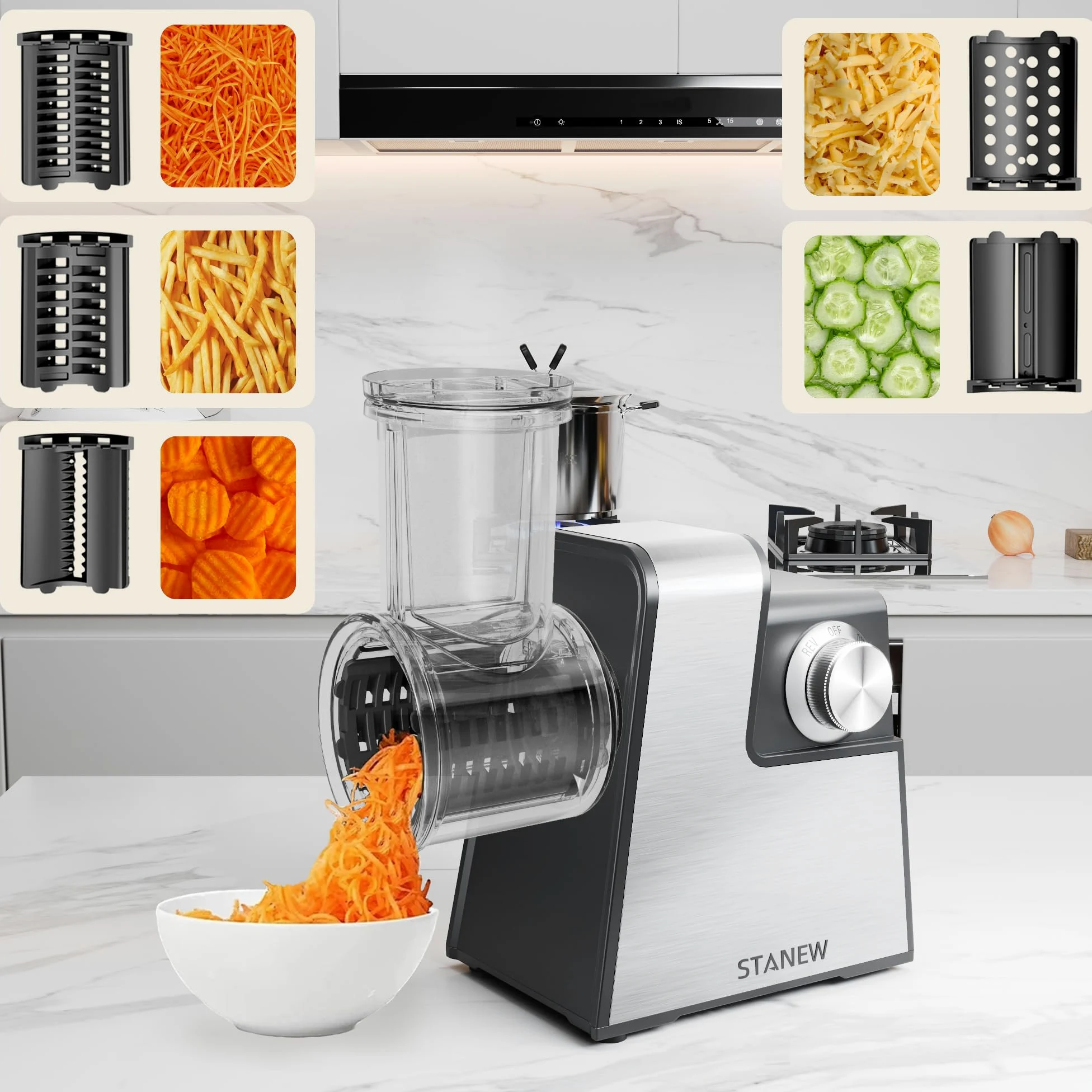 Tritacarne Elettrico STANEW 2500W - Robot da Cucina con 5 Lame Professionali (Taglio Onda/Grattugia) + Accessori Salsiccia/Biscotti, Design Compatto per Carne, Verdure e Formaggio