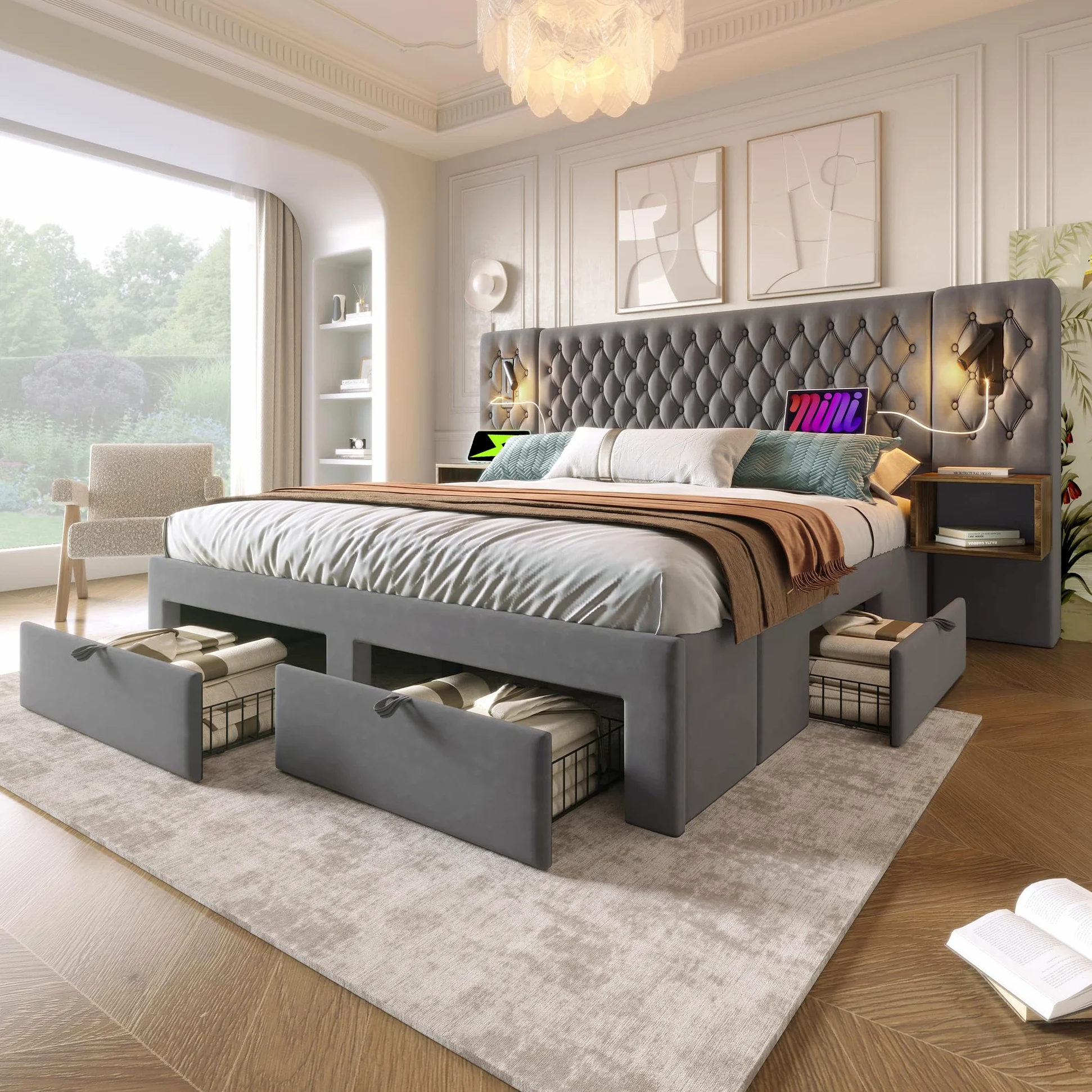 Set Completo per Letto Matrimoniale - Letto Imbottito 180 x 200 cm, Comodini e Cassetti, Lampada da Lettura USB