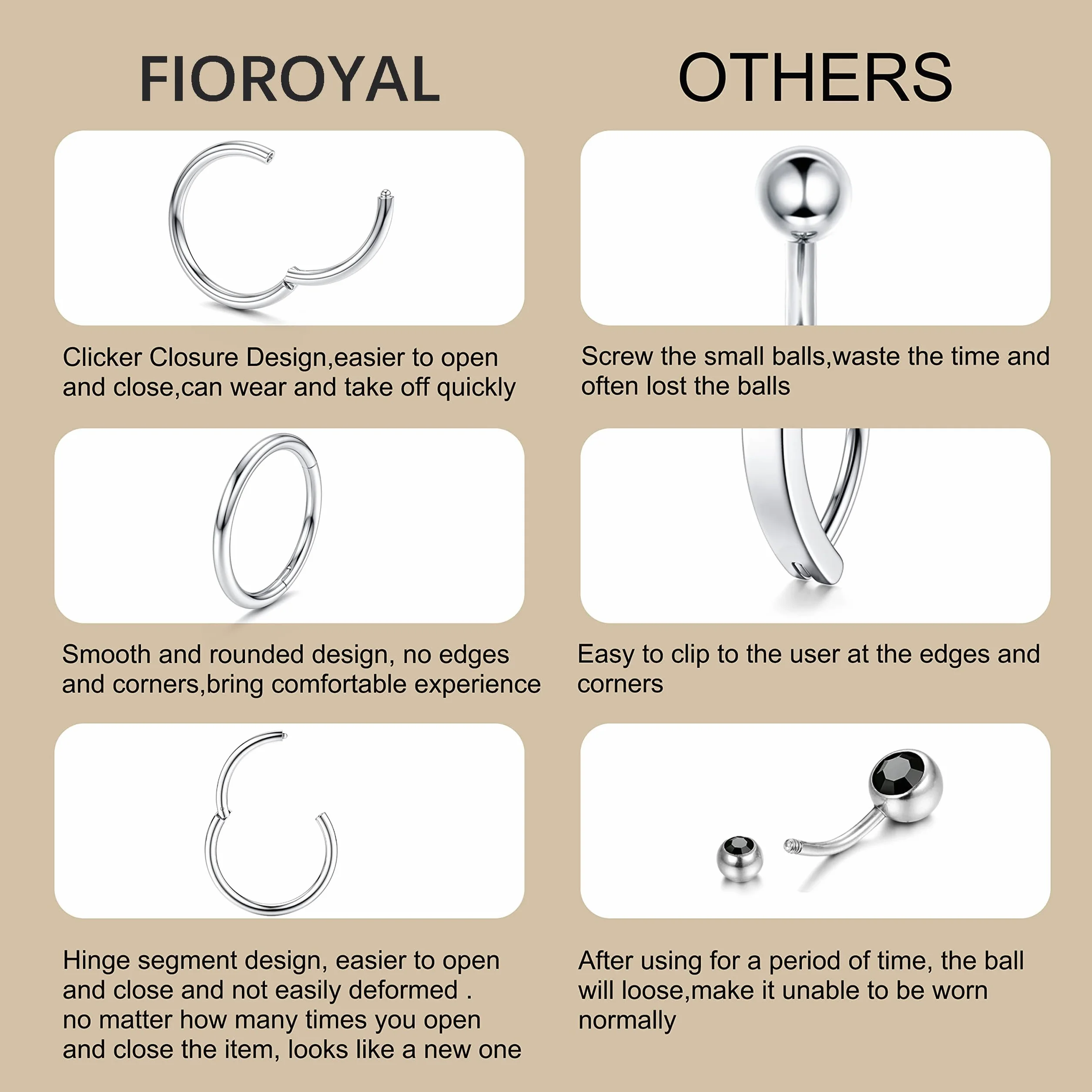 FIOROYAL 14G Piercing Ombelico Anello Acciaio Chirurgico Argento Oro Opal Belly Button Rings Clicker 8MM/10MM/12MM
