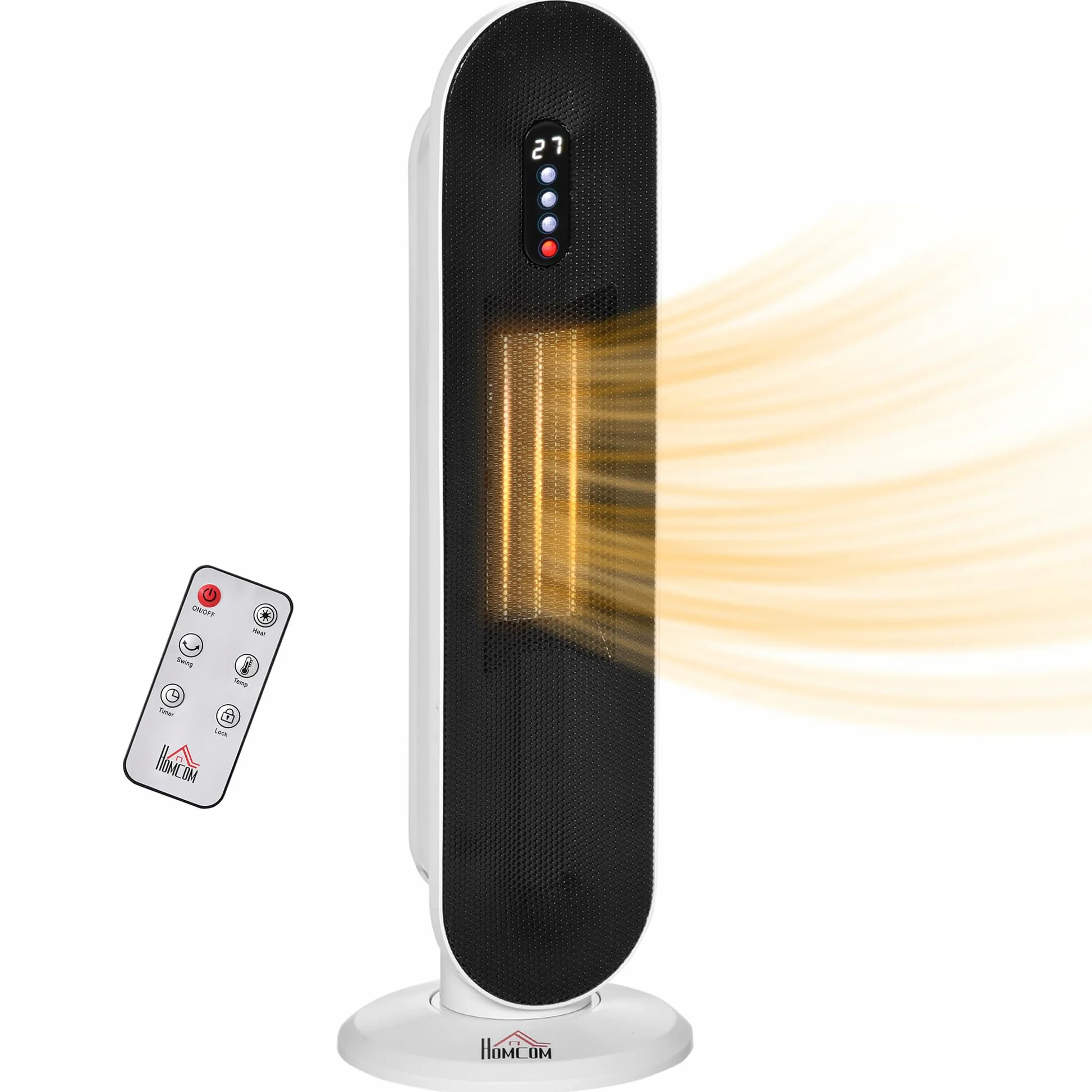 HOMCOM Stufa Elettrica Oscillante con Timer 21x21x63.5 cm Bianco e Nero | Con Telecomando, 2 Modalità, Stufetta Elettrica Basso Consumo in PTC, Protezione da Surriscaldamento e Antiribaltamento