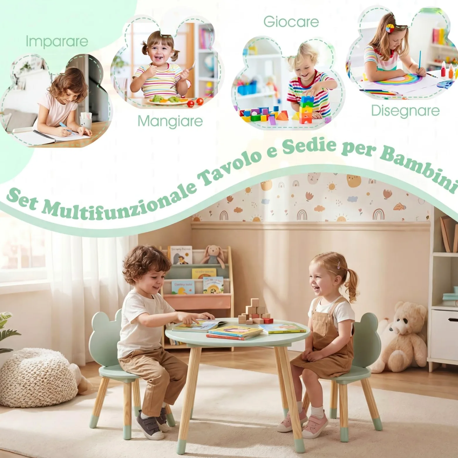 COSTWAY Set Tavolo e Sedie per Bambini, Tavolino e 2 Sedie a Forma di Rana con Gambe in Legno e Angoli Arrotondati, Set Mobili Salvaspazio per Bambini 3+ Anni per Cameretta Ragazzi (Verde)