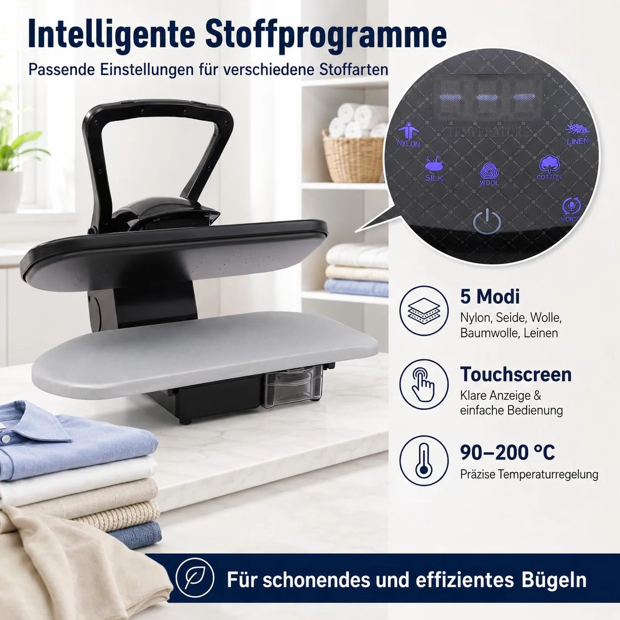 Pressa a vapore intelligente da 2200 W, con 5 impostazioni di tessuto, regolazione della temperatura 90-200 ℃, con touch screen, pressa da stiro